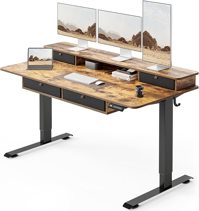 60 x 30 inch Standing Electric Desk with Drawers, Rustic Brown | Height Adjustable Workstation, Computer Sit Stand Up Office Table with Large Storage Shelf, 4 Drawers and 2 Hooks