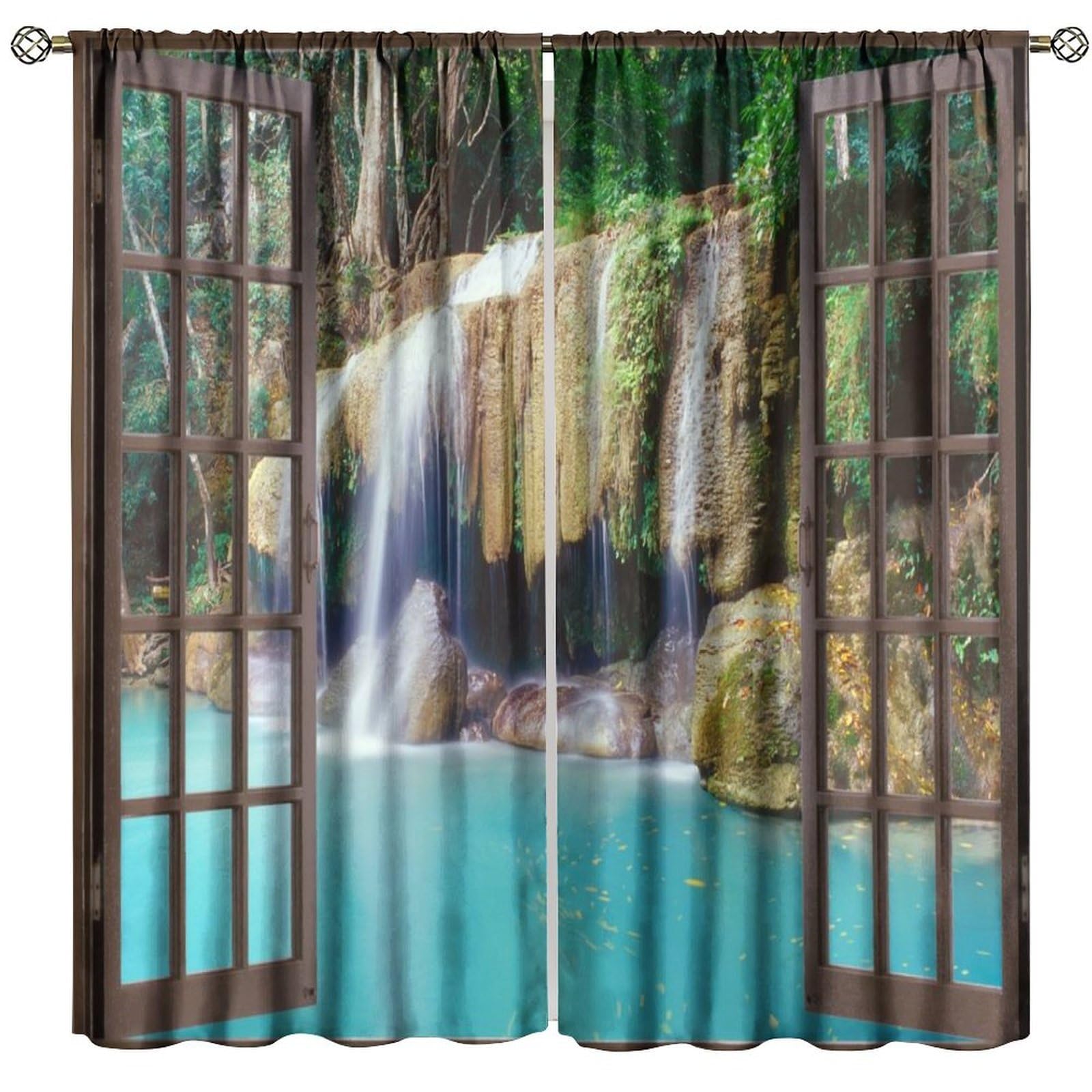 BenYaSong Forest Waterfall Blackout Curtain Window View Deep Jungle Waterfall for Home Kitchen Livingroom Coffee Room Window Drapes 2Panel 52" W X 84" L