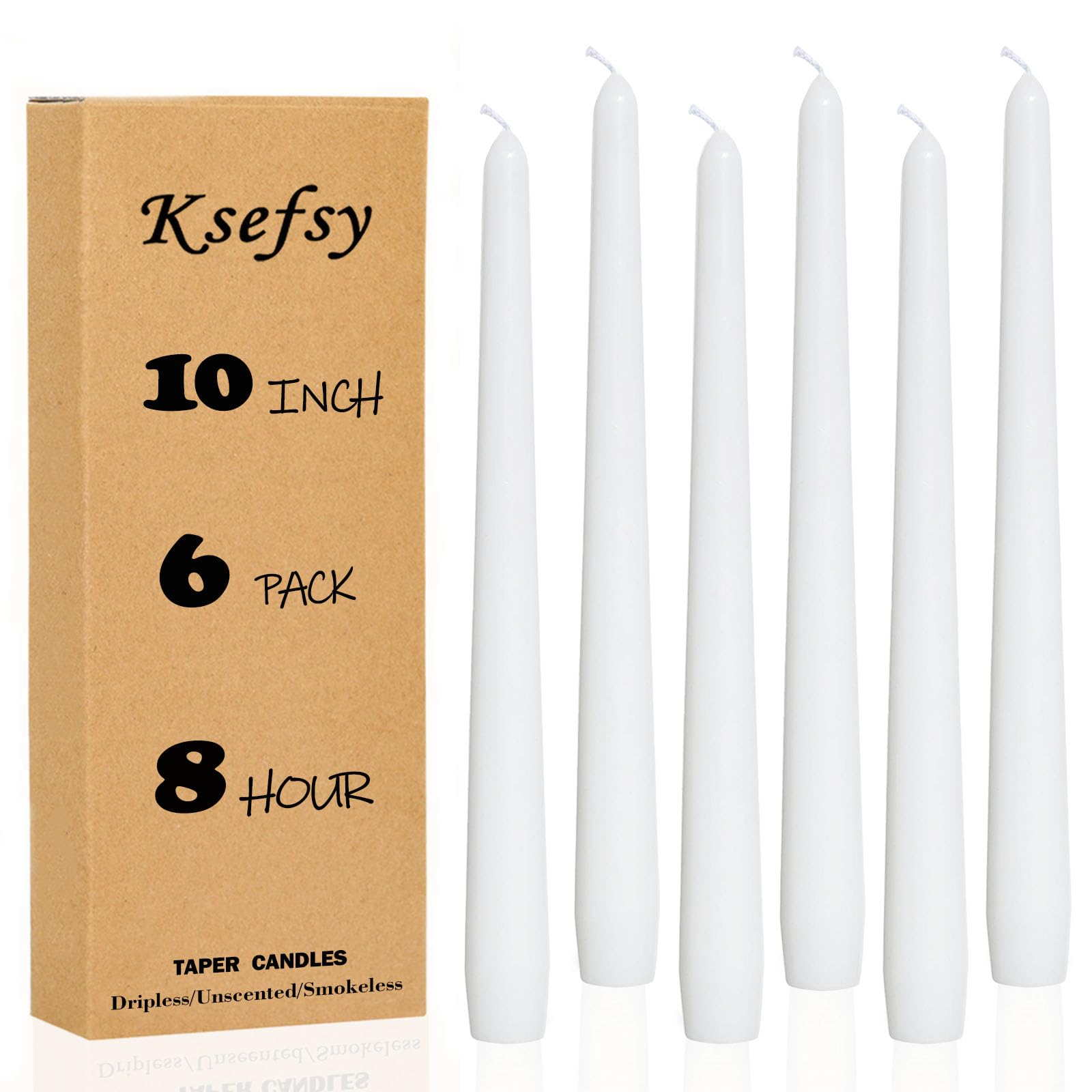 Ksefey 10 Inch White Taper Candles Set of 6 - Dripless,Unscented,8 Hours Burn Time-Perfect for Wedding,Dinner,Party and Home Decor