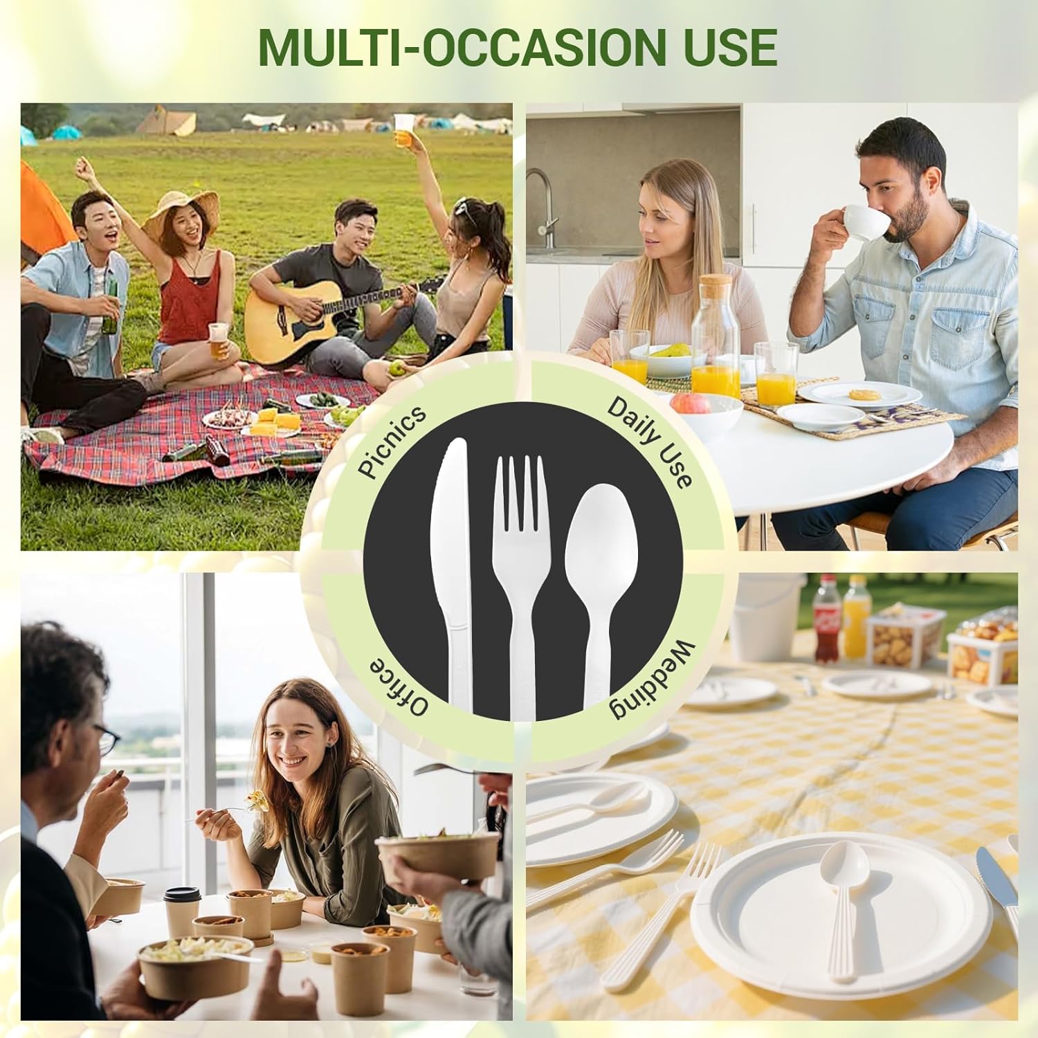 Disposable Cutlery Set [380 Pcs] BPI Certified Utensils Set with 140 Compostable Forks, 120 CPLA Spoons and 120 Disposable Knives, Eco-Friendly Compostable Cutlery for Outdoor, Party, Camping & Daily