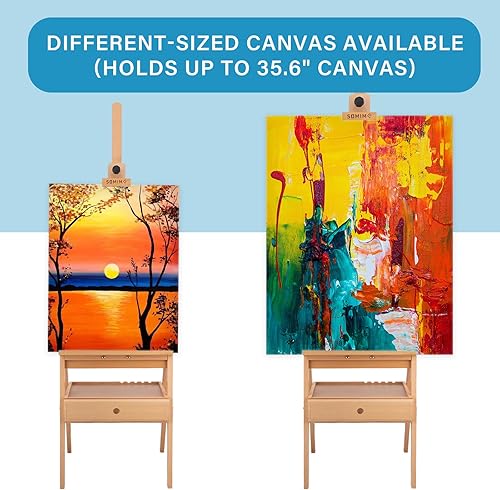 Miniatura 4 de Caballete de Estudio Grande de Madera con Marco en H, Soporte de Caballete de Haya Maciza con Cajón de Almacenamiento, Altura Ajustable a 34