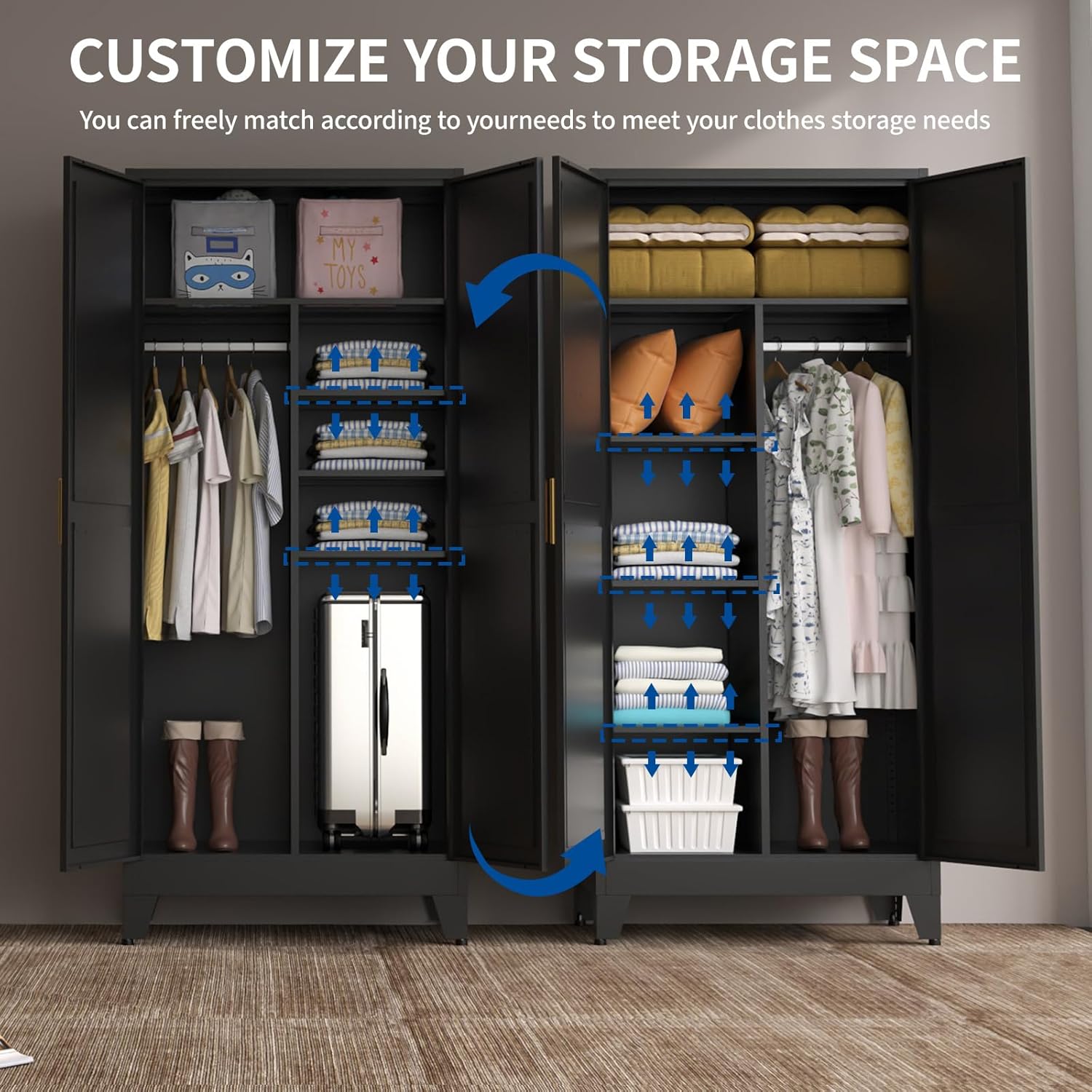 Steel Armoire Wardrobe Closet, 71" Metal Clothing Storage Cabinets with 2 Doors & 3 Adjustable Shelves, Black Wardrobe Cabinet with Hanging Rod for Bedroom, Gym