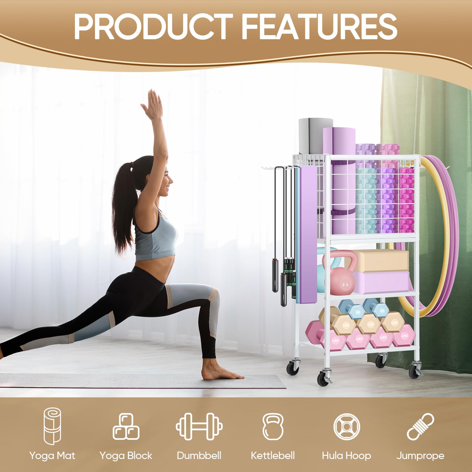 CADUKE Dumbbell Rack & Stand, Yoga Mat Storage with Hooks and Wheels, Home Gym Weight Rack for Dumbbells, Kettlebells, Yoga Mat, Yoga Block, Foam Roller and Resistance Band
