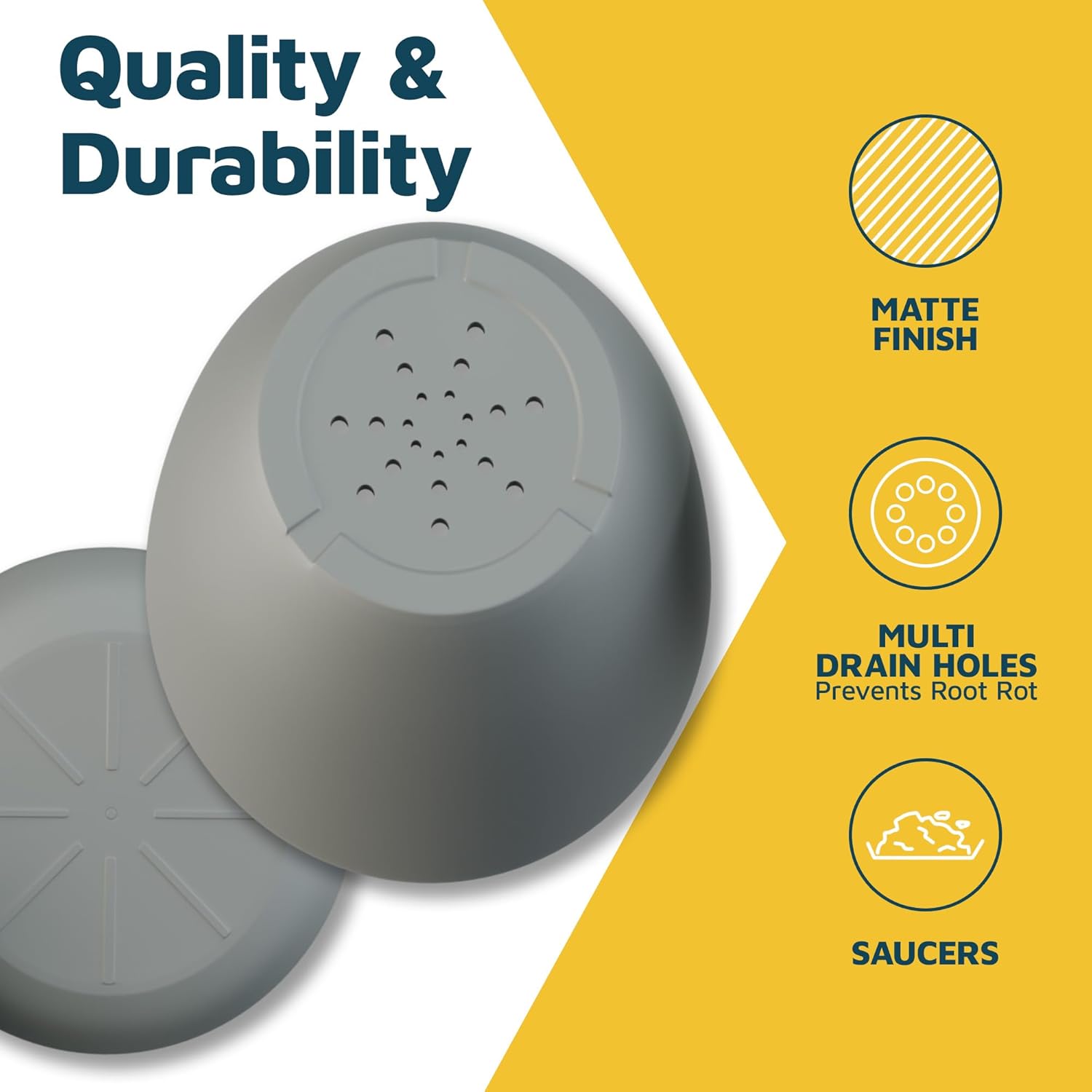 Planter Pots with Drainage Holes - Lightweight, Durable & Space-Saving Pots for Indoor and Outdoor - Versatile Functionality, Simple Modern Design, Set of 5 Plastic Planter Pots - Gray 1 Gray