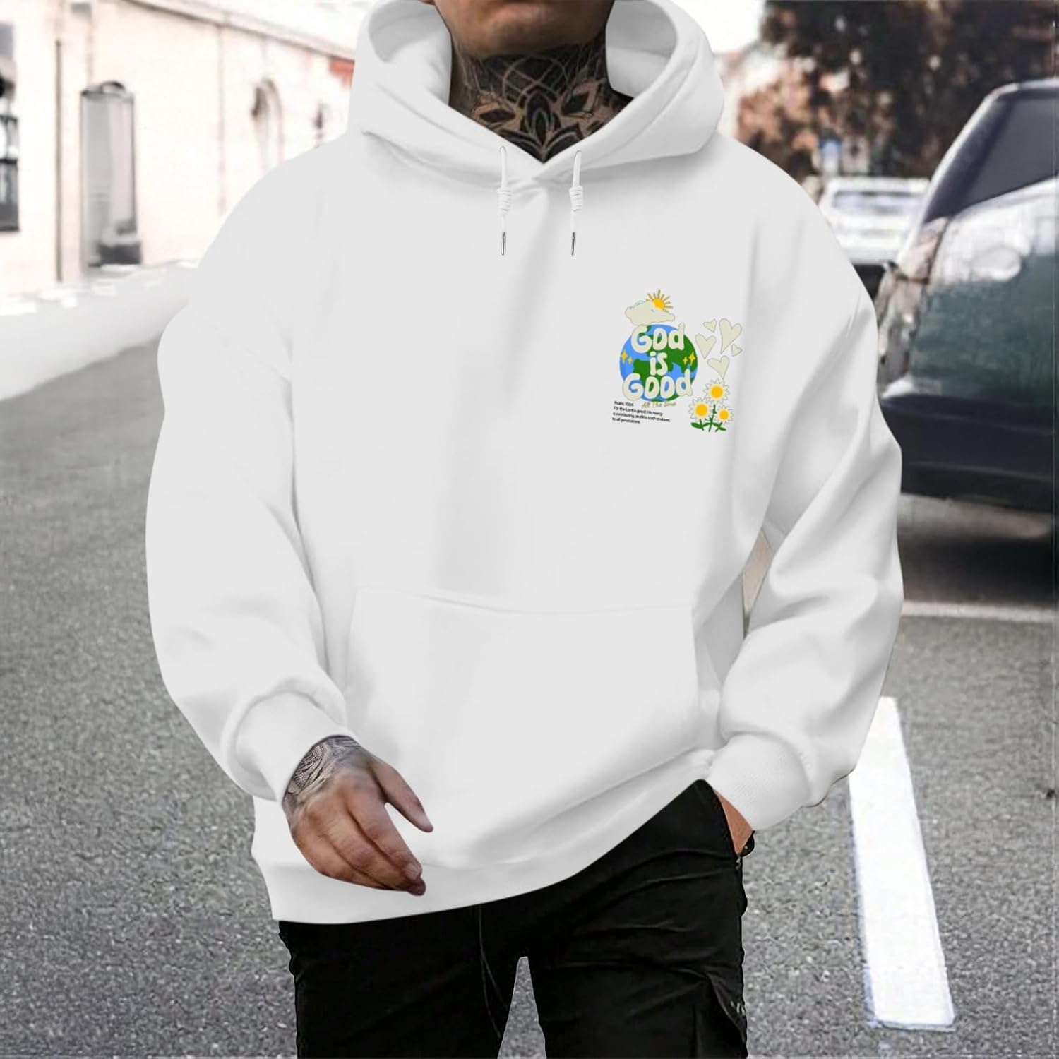 Christian Jesus Hoodies for Men God is Good Bible Verse Sweatshirt Inspirational Graphic Flower Religious Hoodie(White,L)