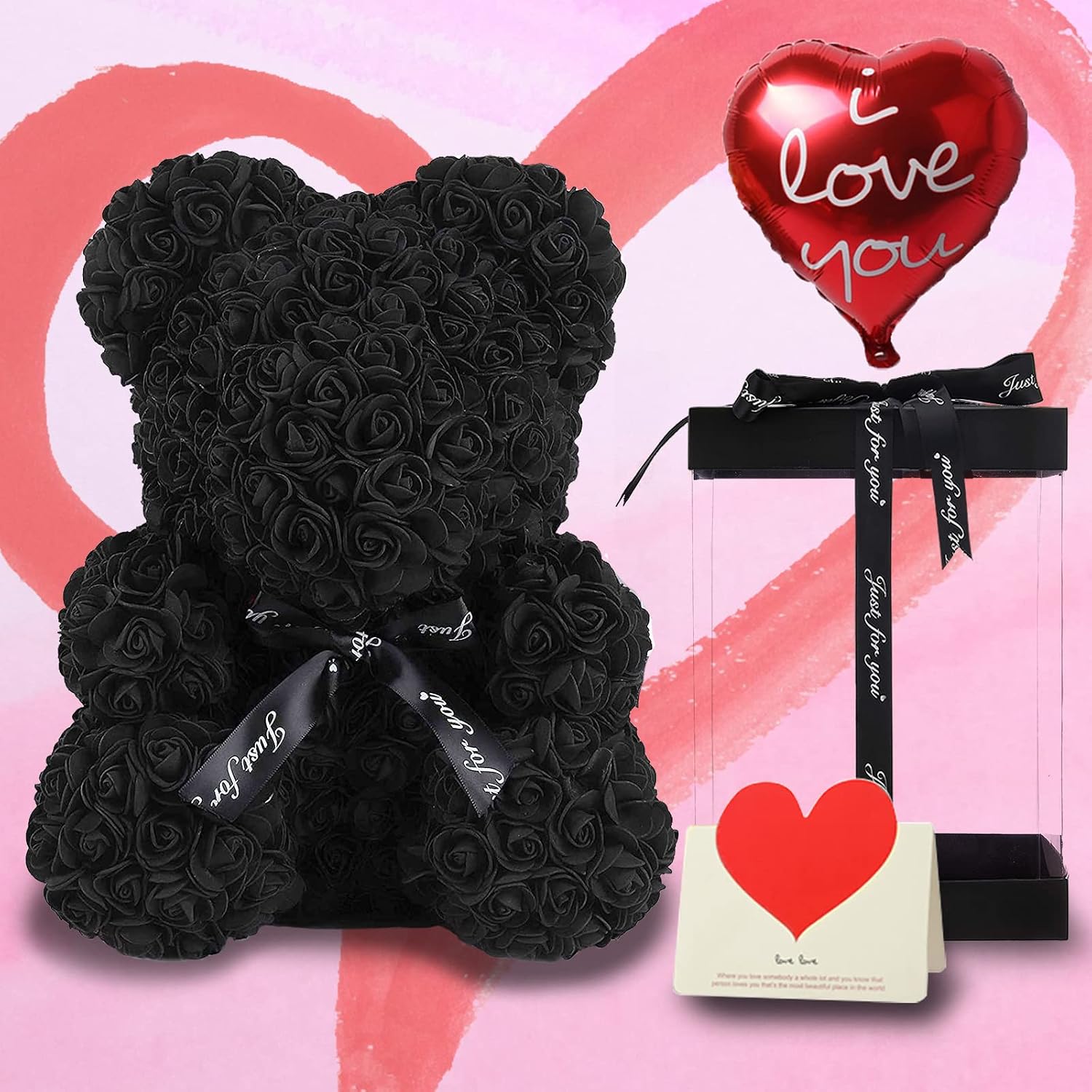 ATAKA Rose Bear Flower Bear Rose Teddy Bear with Box String Lights Balloon Card, Artificial Flowers Unique Gifts for Valentines Day Birthday Mom Girlfriend Wife Decoration(12", Black)