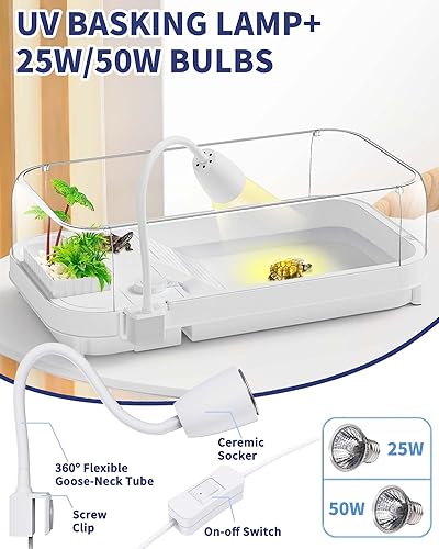 Miniatura 4 de Kit de tanque de tortuga grande (tanque+luz+filtro), kit de iniciación de tanque de tortuga acrílico con 2 cabezales de ducha, plataforma Bask,