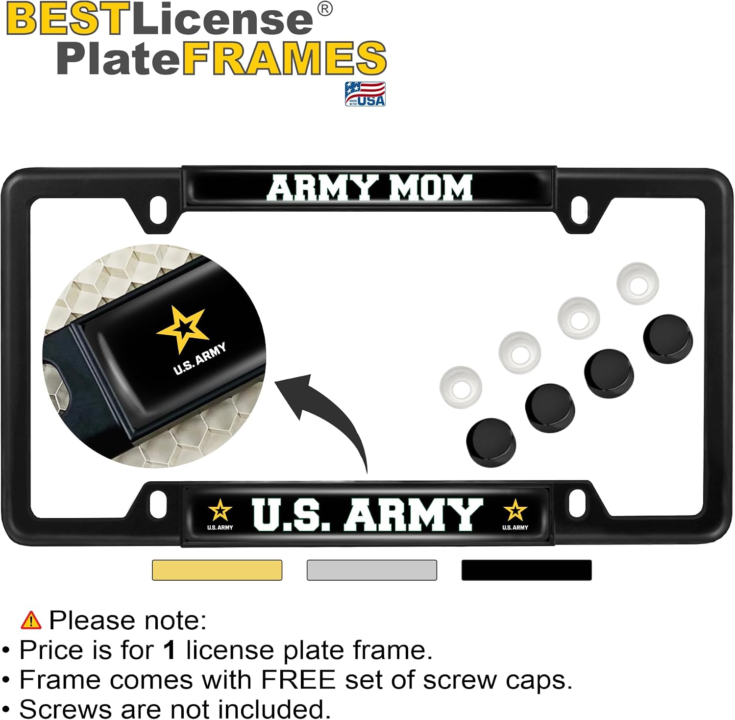 [Officially Licensed Product] - US Army Mom Star Logo - Domed Custom-Made Personalized Thin (Narrow) Top 4 Hole Metal Car License Plate Frame with Free caps - Black (Qty: 1 Frame)