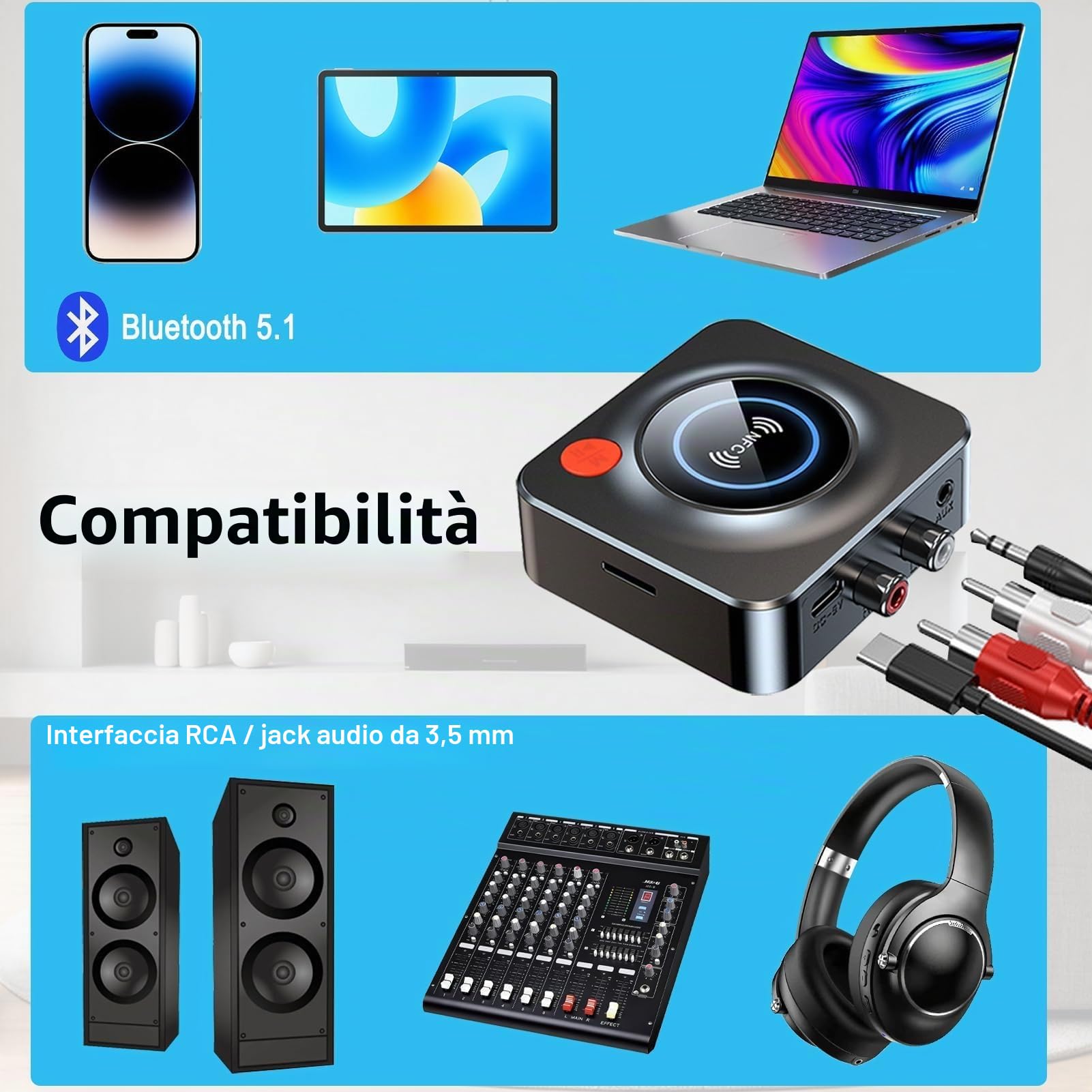 Ricevitore Bluetooth 5.3 HiFi, Adattatore Bluetooth AUX per Stereo Casa, Altoparlante, Amplificatore HiFi, con RCA/AUX Jack 3,5mm per Stereo Casa, Altoparlante, Amplificatore