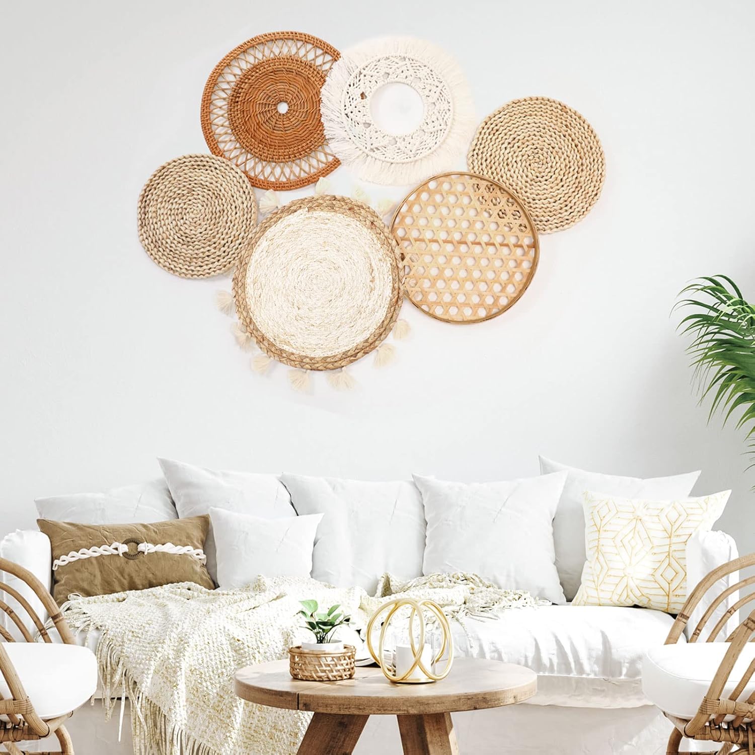 Nuenen Boho Wall Basket Decor Set- Extra Large 8.7 to 15 Inch Boho Macrame Wall Decor Bulrush Woven Round Hanging Tassels Art Decoration for Living Room Headboard Bedroom Home(Classic Style)
