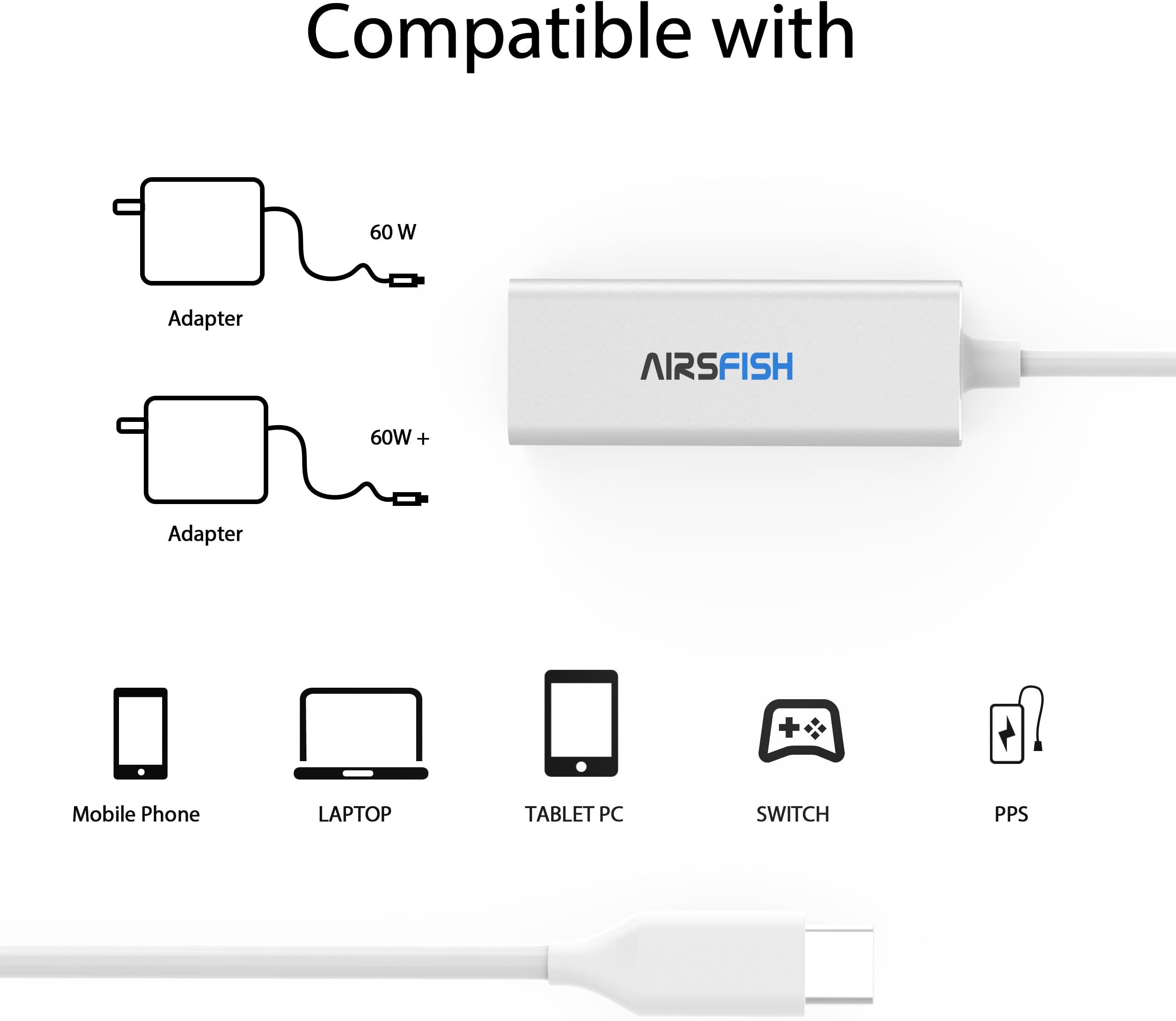 USB Type C to Magsafe 2 Charger Adapter, AirsFish USB C to 5 Pin Magsafe 2 Power Converter T-Tip Connector Cable for MacBook/MacBook Pro/Switch/Laptop (Silver)