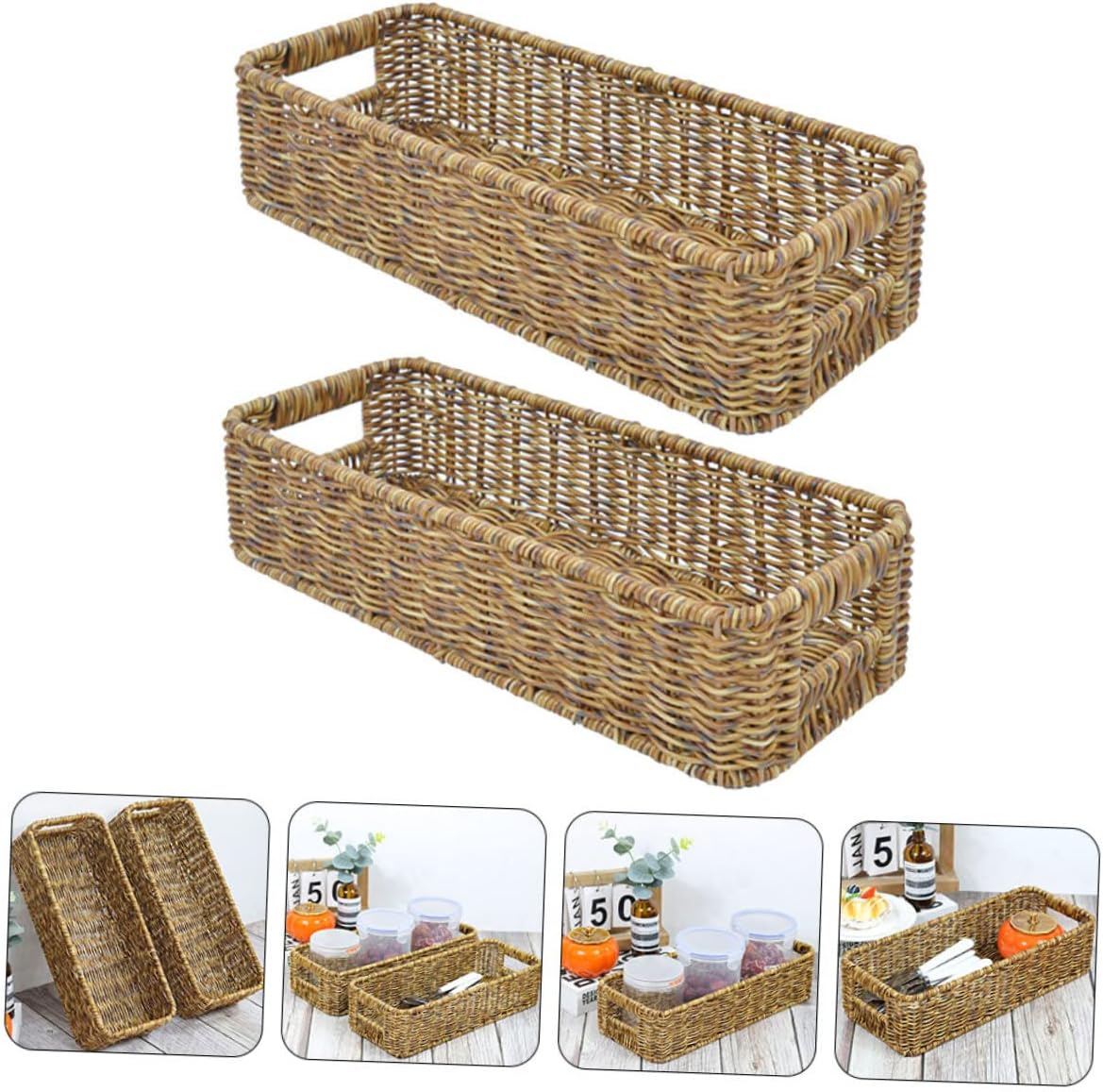 BESTYASH 2pcs Rectangle Woven Rattan Storage Baskets Pantry Organizing Baskets for Kitchen Counter Bathroom Office Versatile Handwoven Storage with Capacity and Rustic Style