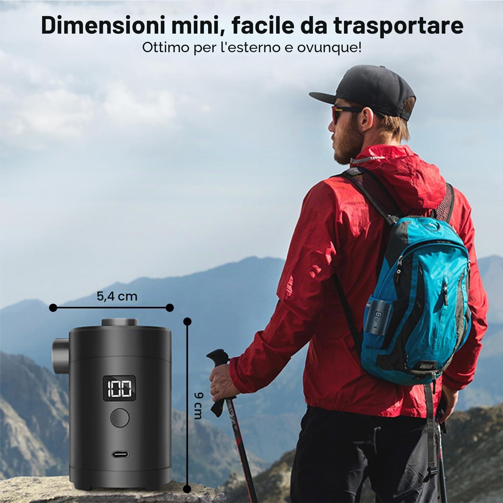 Pompa Aria Elettrica Ricaricabile USB 280L/min - 3600mAh, 4 Ugelli, Display Digitale, Portatile Mini per Materasso Gonfiabile Campeggio
