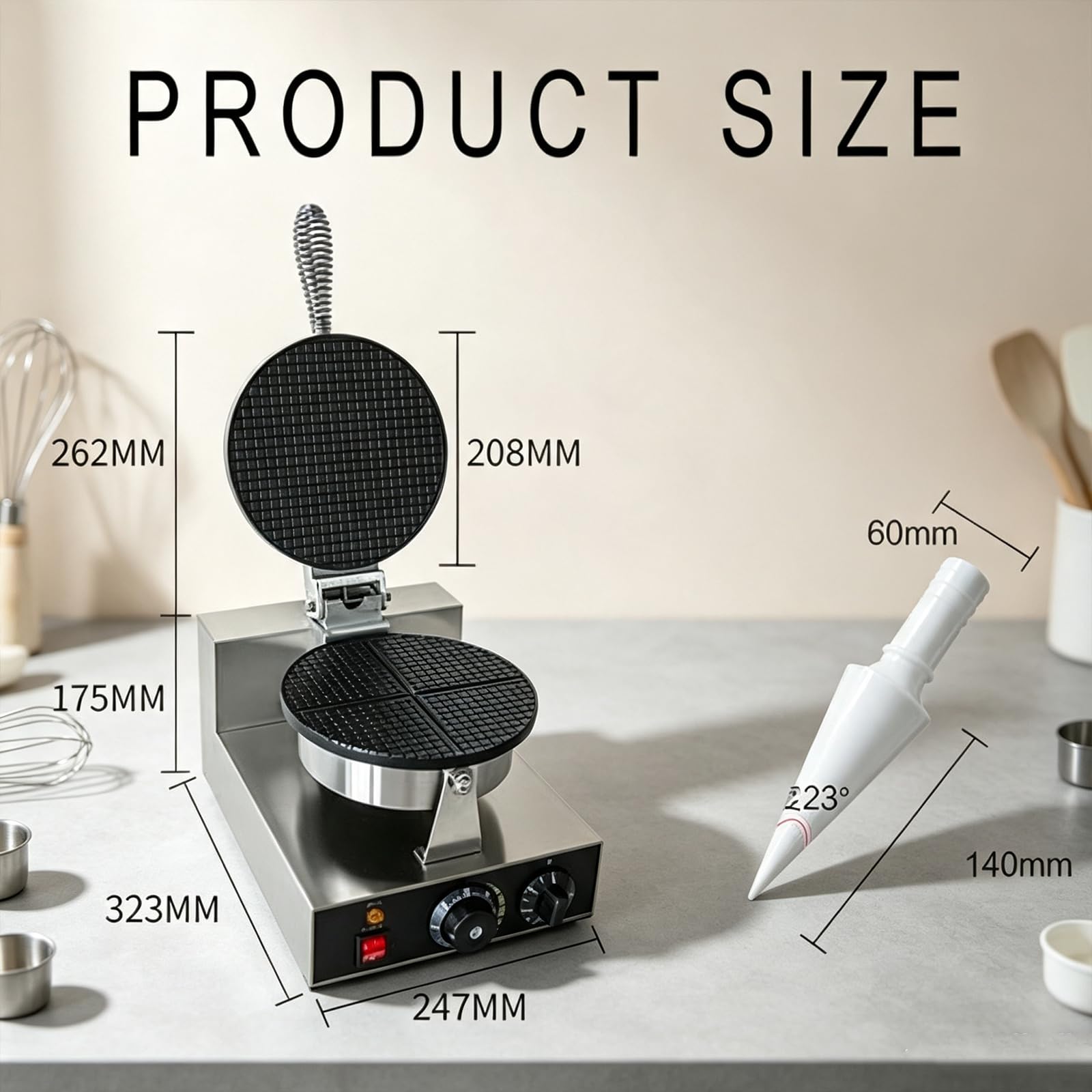 Máquina para Conos de Waffle y Rollos de Huevo de 1200W con Temporizador | Calentamiento de doble cara, placa antiadherente, apagado automático, acero inoxidable para uso en el hogar y en cafeterías
