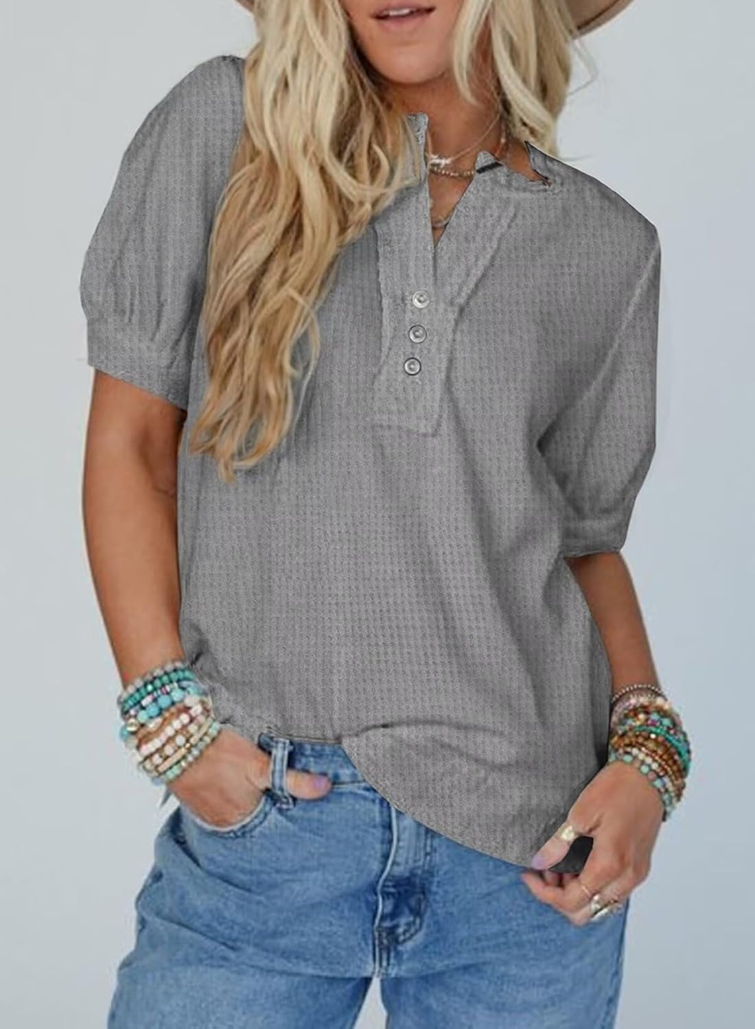 BLENCOT Womens V Neck Button Down Henley Tunic Tops Waffle Knit Short Sleeve Shirts Dressy Casual Business Work Blouses - Image 2