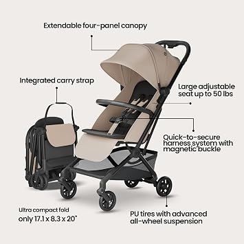 Mompush Velo Lightweight Travel Stroller, Compact & Airplane-Friendly Design with One-Hand Fold, Lie-Flat Recline from Newborn to Toddler, Includes Leather Bumper Bar, Raincover & Cup Holder