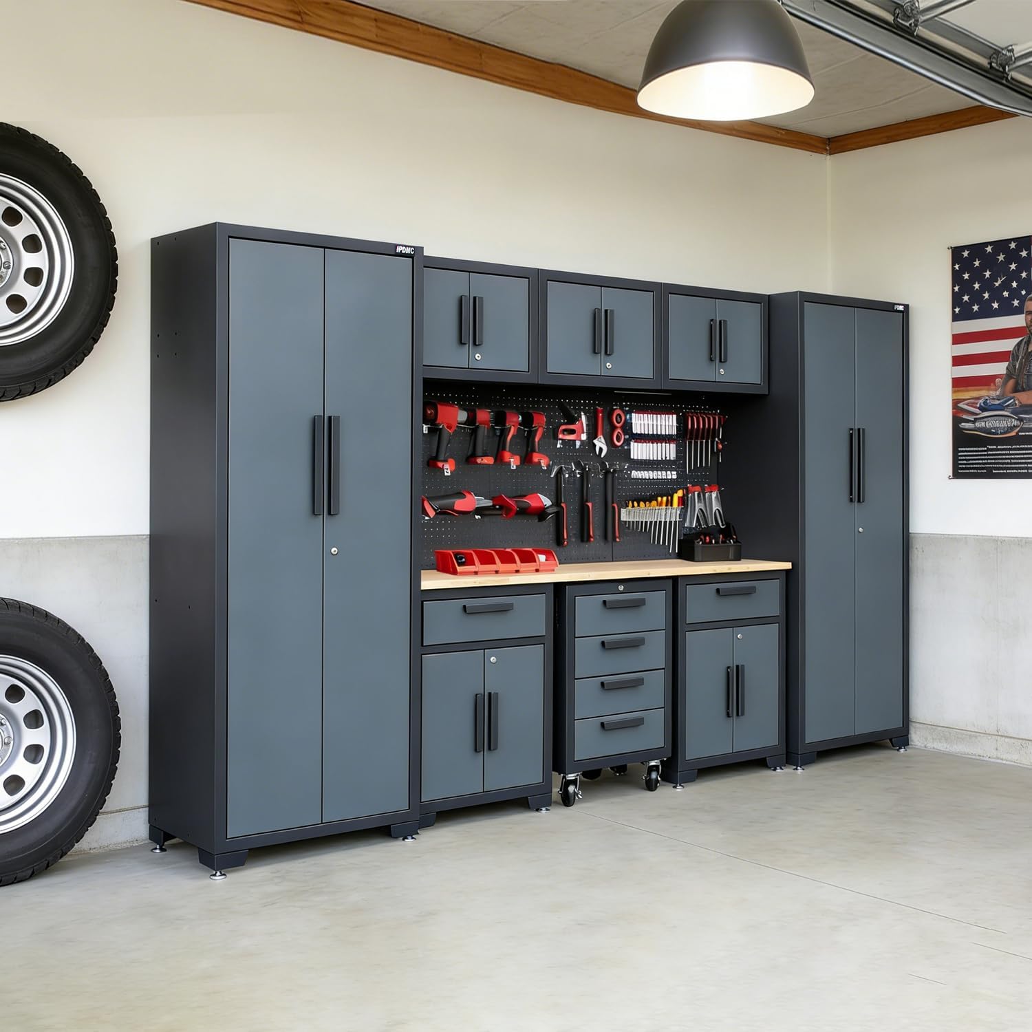 Garage Storage Cabinet System 9-Pcs Workshop Set Garage Cabinets and Storage System with Steel Drawers, Rolling Chest, Workbench, Pegboard for Tool Organization