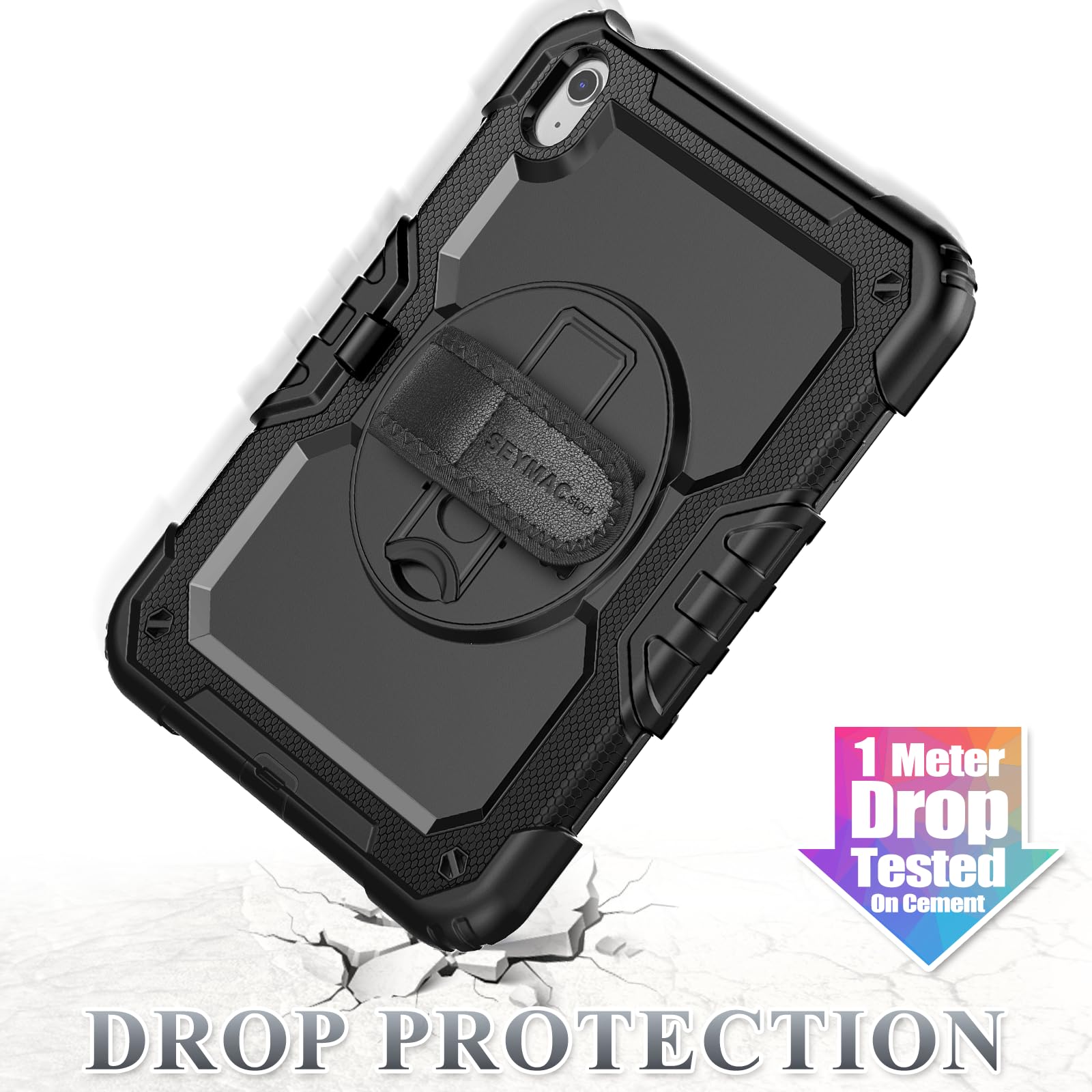SEYMAC stock Coque pour iPad (A16) 11ème/10ème Génération 11/10,9 Pouces 2025/2022, Coque Antichoc avec Protecteur D'écran, Support Rotatif à 360°/Dragonne, Porte-Crayon et Bandoulière, Noir