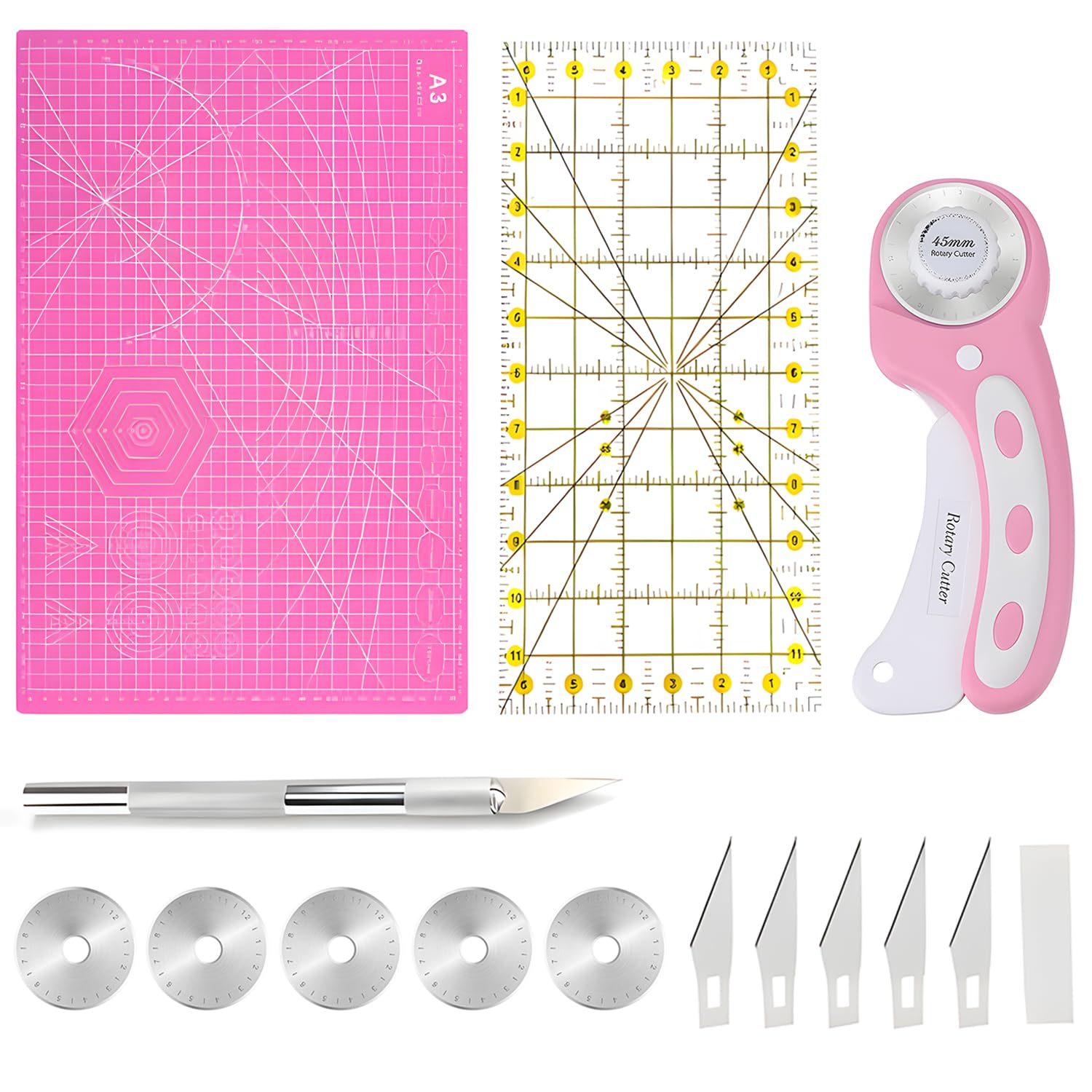 14Pcs Rotary Cutter Set, Sewing Accessories Kit A4 Self Healing Cutting Mat Set with Ruler, 45mm Fabric Cutter & Craft Tools for Sewing Quilting