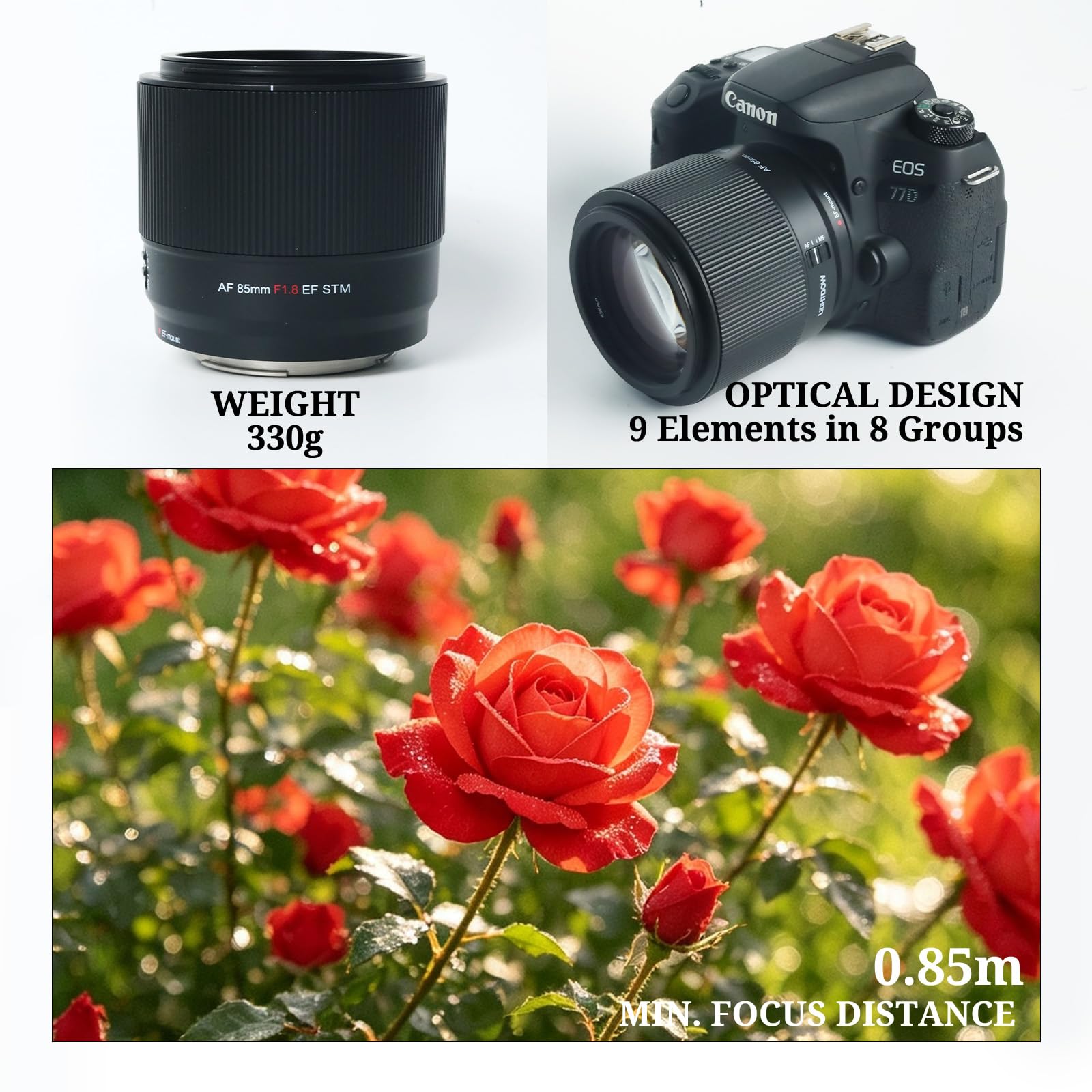 Obiettivo 85 mm f/1.8 AF per Canon EF, Full Frame teleobiettivo ritratto, Autofocus STM, compatibile EOS 5D Mark IV, 6D II, 90D, R7, Rebel T8i, T7 e reflex Canon EF/EF-S