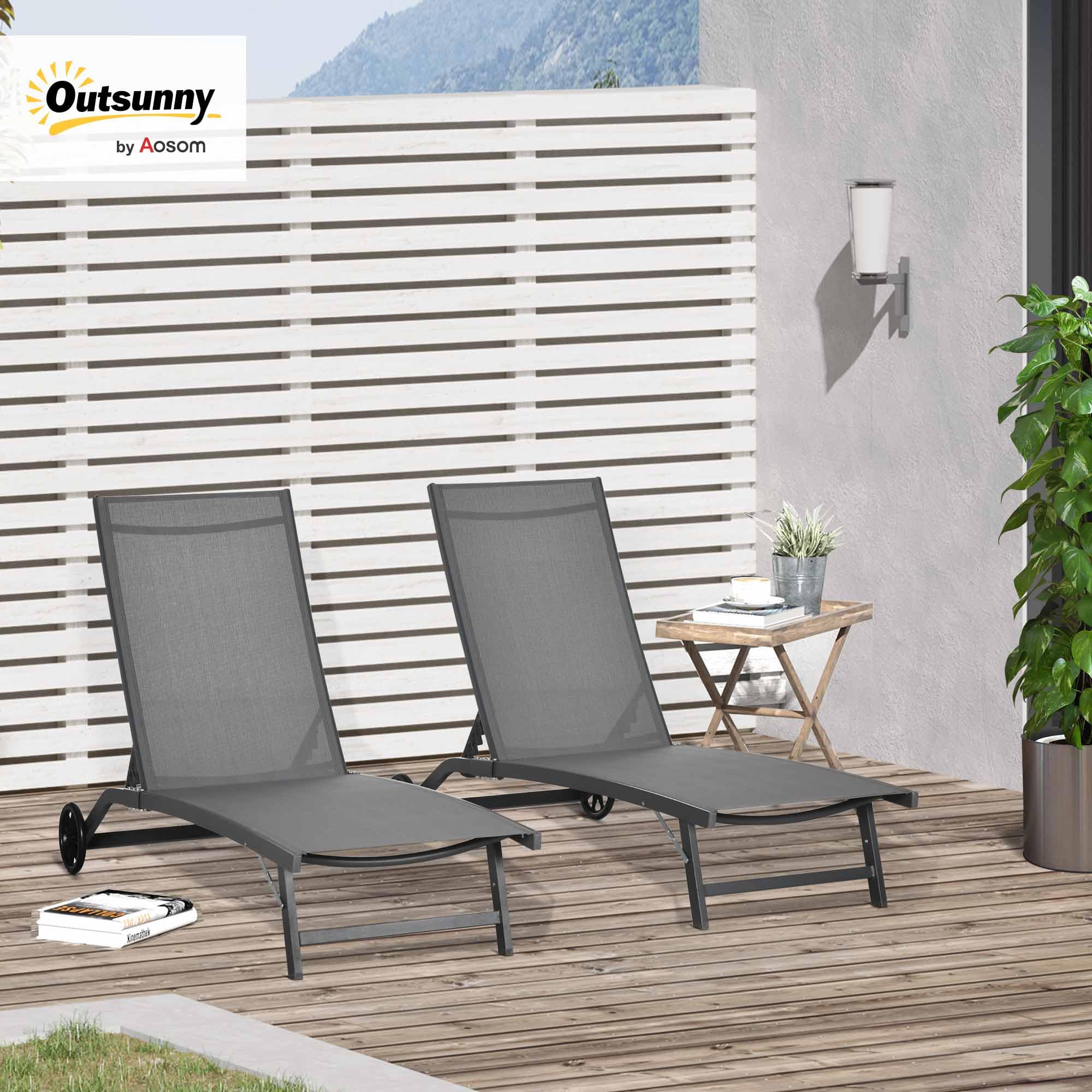 Outsunny Pack de 2 Tumbonas de Jardín Exterior Tumbonas Reclinables de Aluminio con Respaldo Ajustable de 5 Niveles y Ruedas para Playa Piscina 165x66x102 cm Gris Oscuro