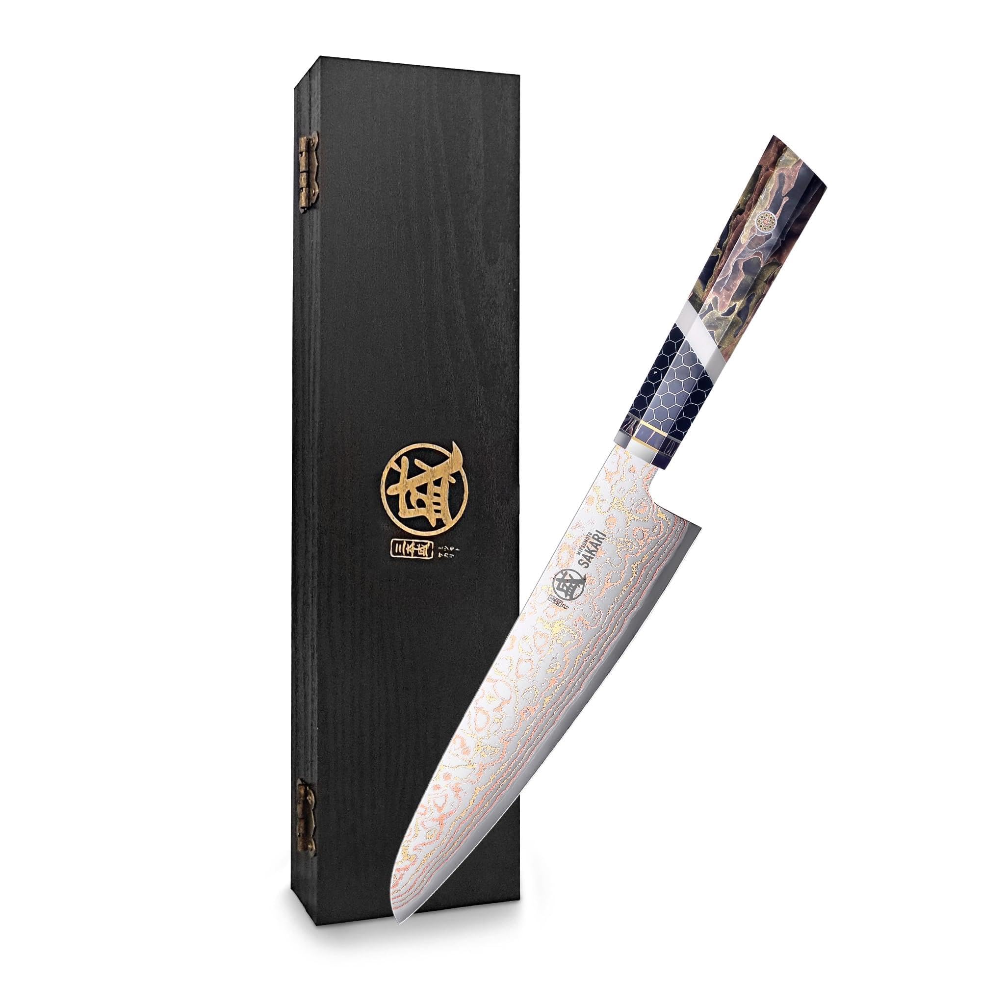 MITSUMOTO SAKARI Nóż Gyuto 21 cm, Nóż Szefa Kuchni z Damasceńskiej Stali | Uniwersalny Nóż Kuchenny, Wysokiej Twardości HRC 60±1, Ręcznie Kutym Rdzeniem Stalowym