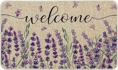 Artoid Mode Felpudo de primavera lavanda de bienvenida, decoración del hogar, tapete de bajo perfil, tapete de piso para interiores y exteriores, 17