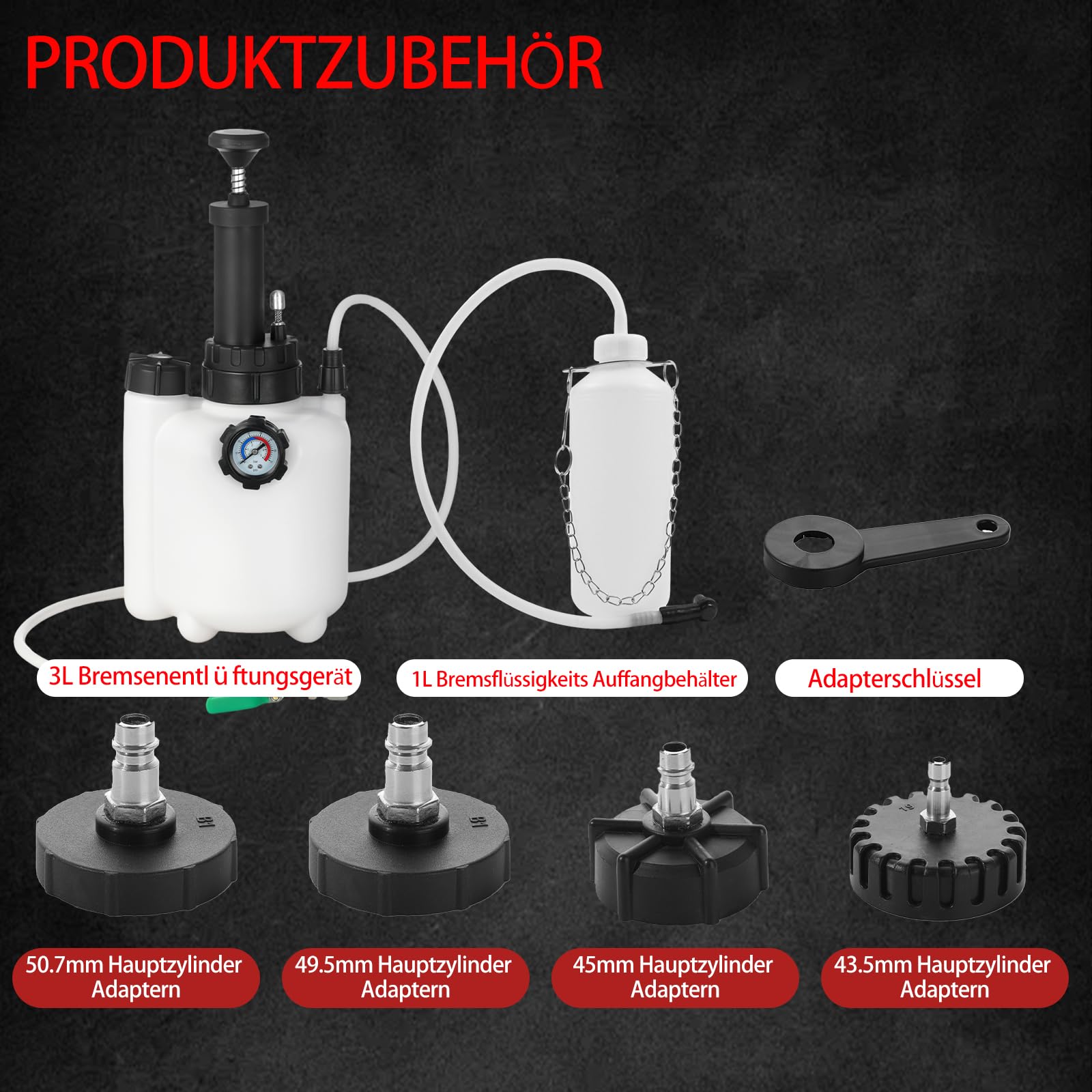 3L Bremsenentlüftungsgerät und 1L Bremsflüssigkeits Auffangbehälter – Manuelles Kit für Bremsflüssigkeit Wechsel & Entlüften, E20 Adapter für meisten europäischen Autohauptzylinder (4 Adaptern)