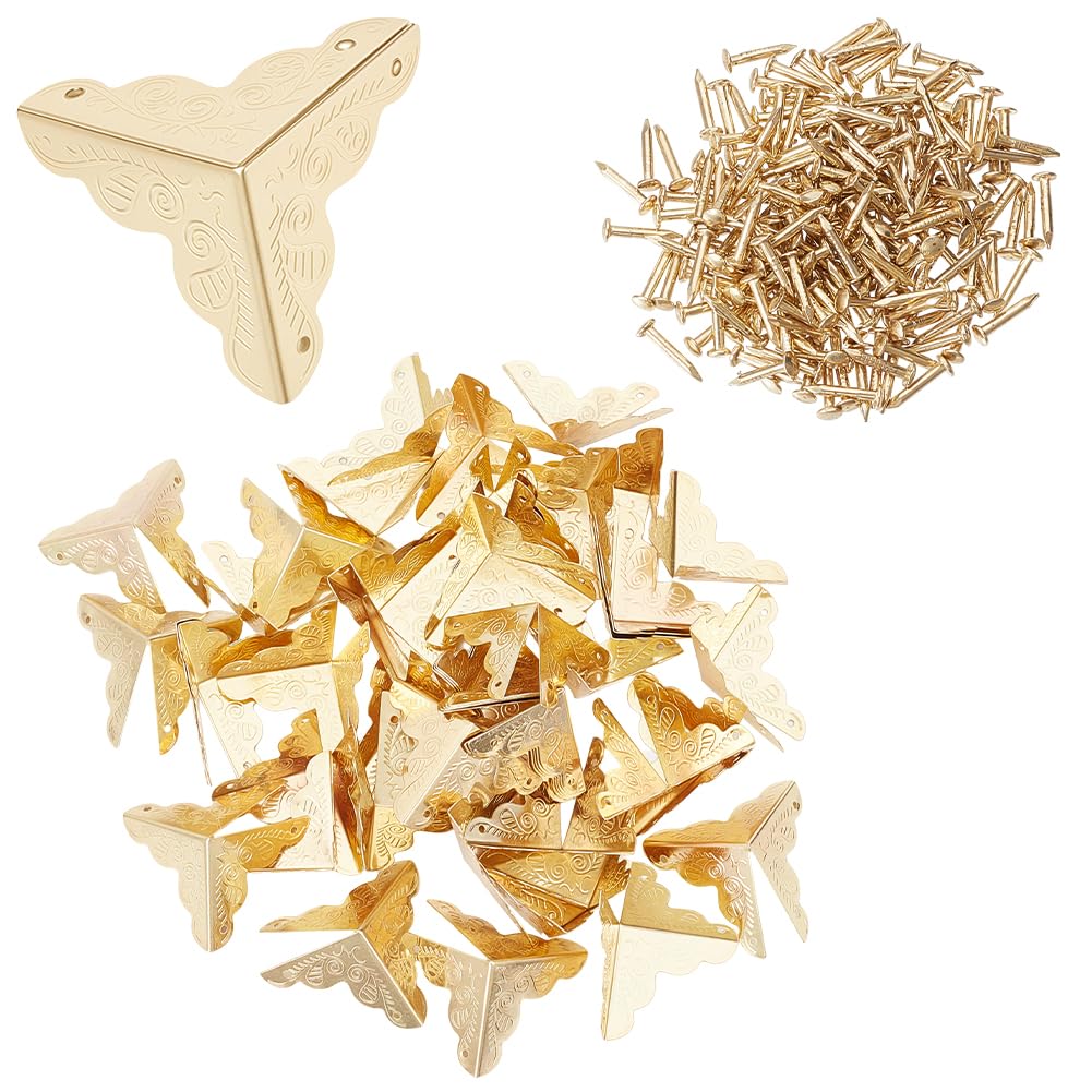 GORGECRAFT 50Pcs Metal Corner Protectors 26x26x34mm Furniture Table Corner Decorative Edge Guard Golden Angle Brace Cover with 200Pcs Nails for Jewelry Box Suitcase Chests Toolbox Cabinet Accessories