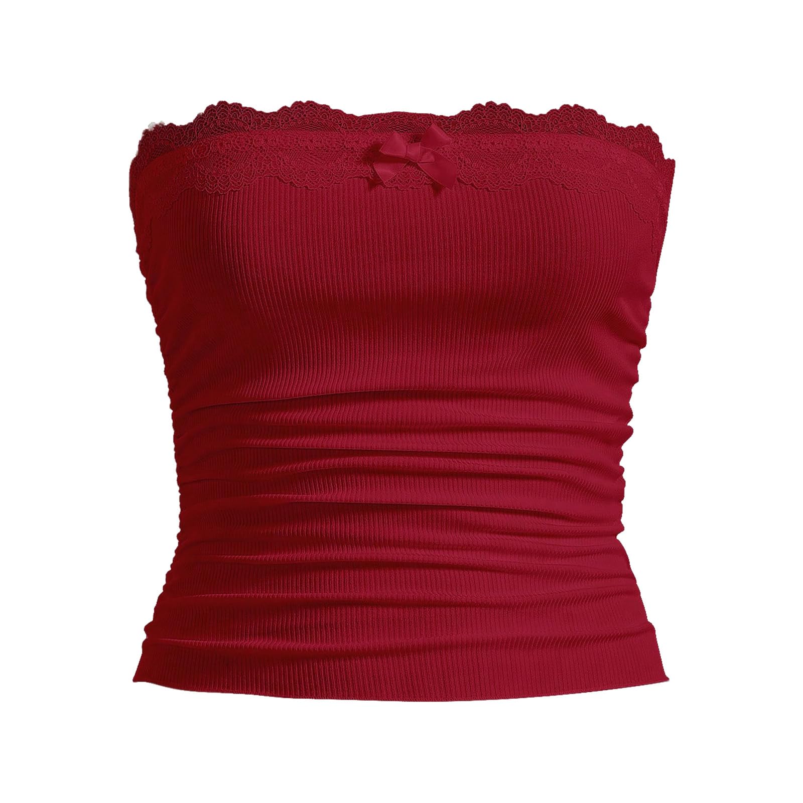 Feclmiyt Women Y2k Lace Trim Tube Top Summer Sleeveless Backless Cropped Bandeau Cami Tops Fairy Strapless Ribbed Tops Going Out (Red, M)