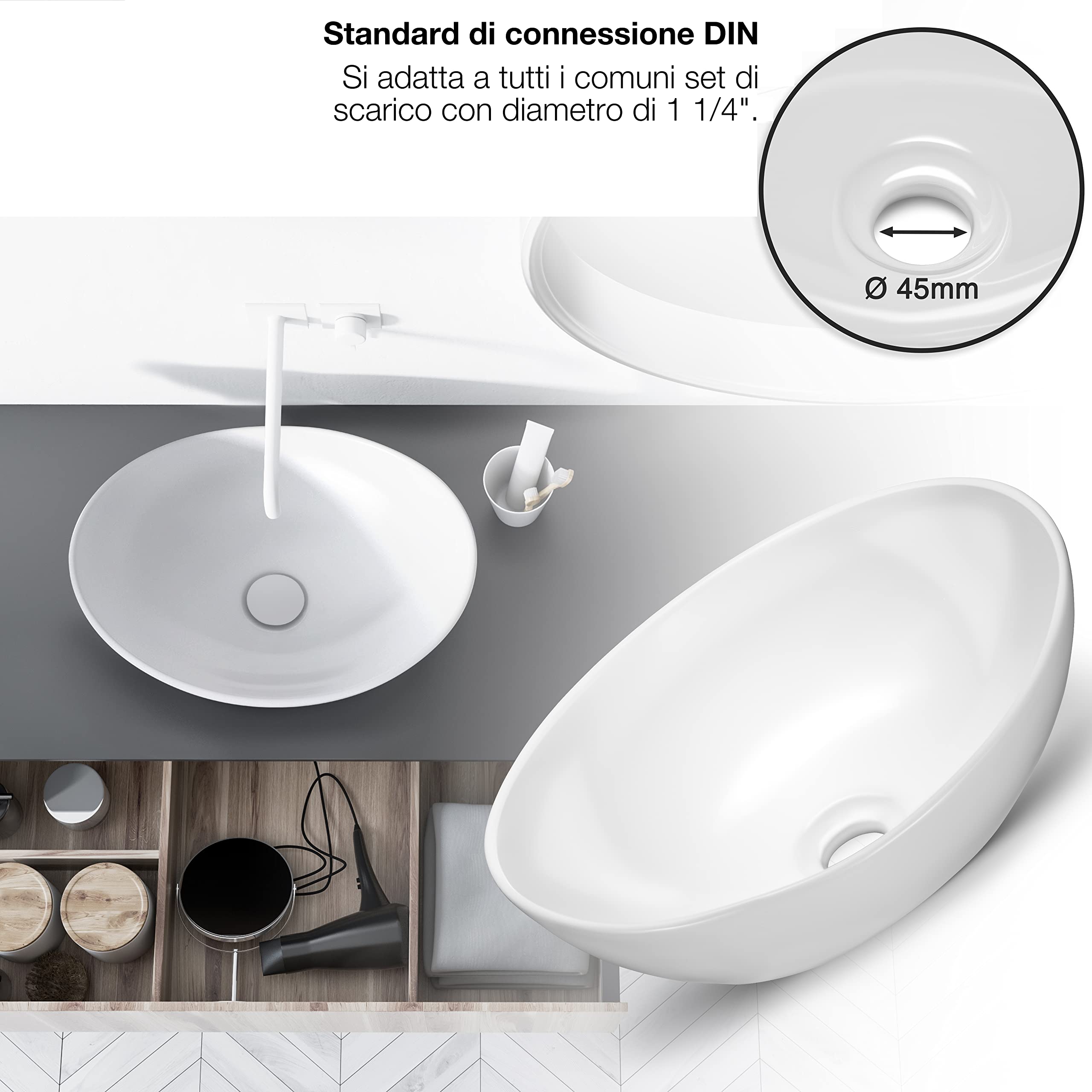 VMbathrooms Premium Lavabo ovale con effetto loto | Lavabo da appoggio per bagno e WC ospiti | Lavabo senza foro per rubinetto e senza troppopieno | Lavabo da appoggio bianco puro
