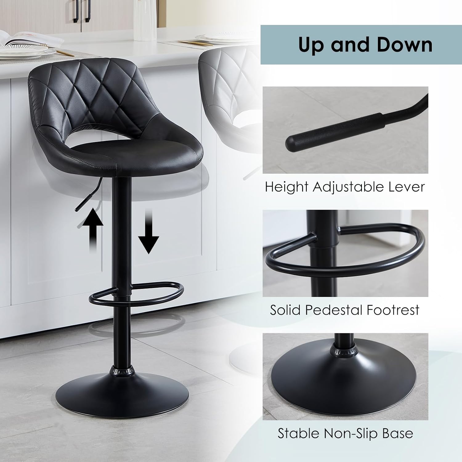 Swivel Bar Stools Set of 4, Adjustable PU Leather Barstools Chairs with Hollow Back, Upholstered Counter Height Stools with Black Base for Kitchen Dining Pub Cafe, Black