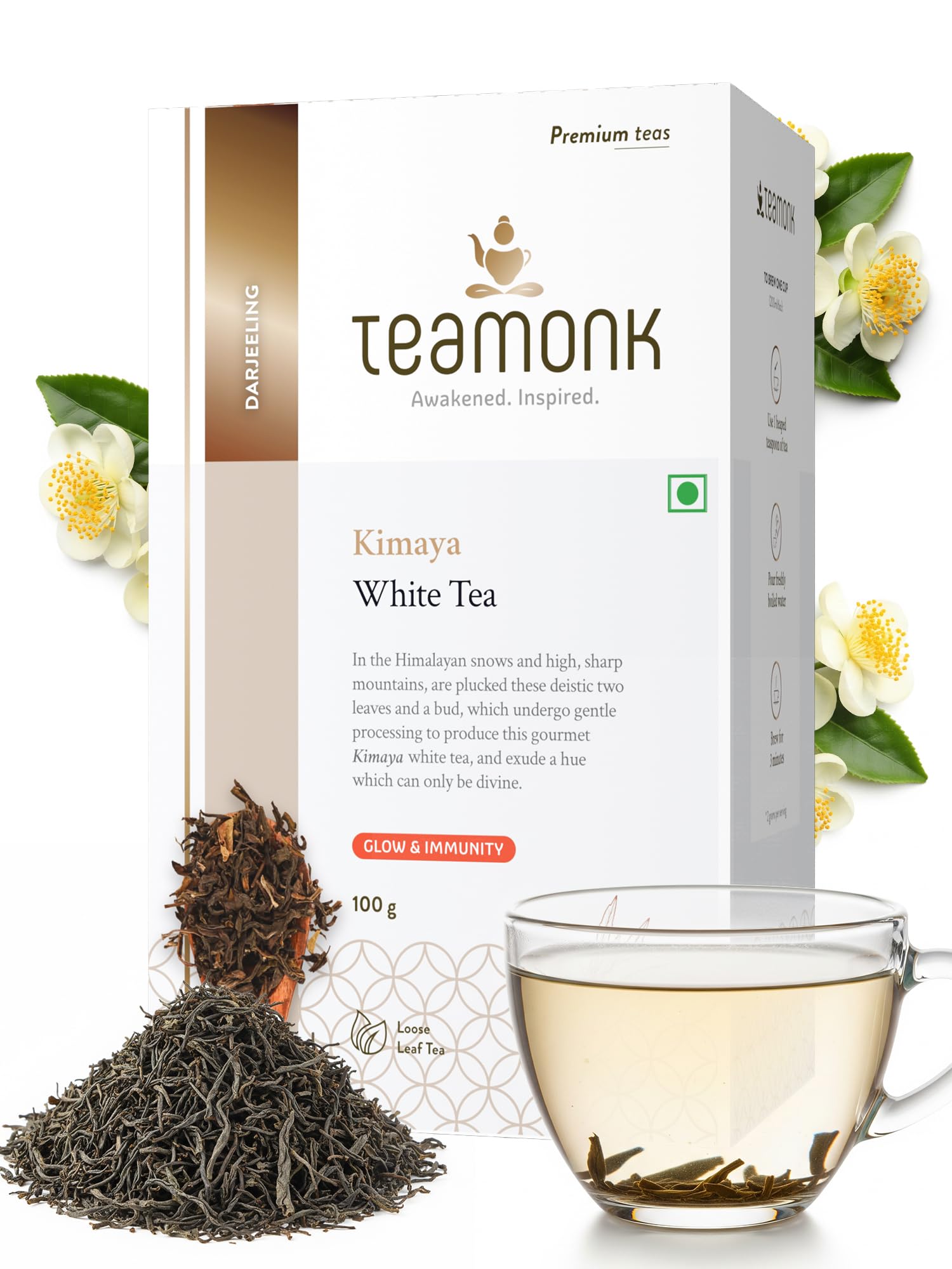 Teamonk Organic Kimaya White Tea Leaves (100g) – 50 cups | Single Origin Darjeeling Tea | Divinely Light & Refreshing | Loose Leaf-Tea, High in Antioxidants, Boost Oral & Heart Health
