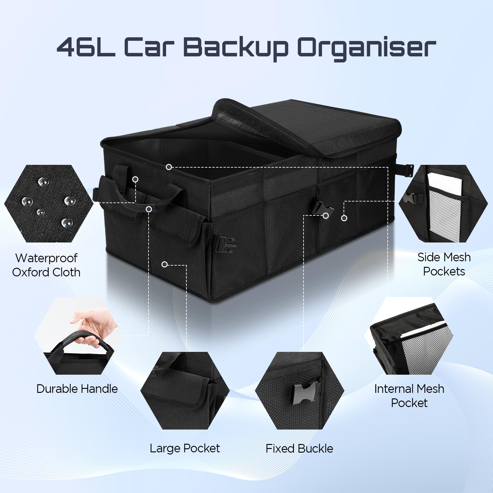 Cozary Rangement Coffre de Voiture avec Couvercle, 46 L Organisateur Voiture Pliable, Tissu Oxford Imperméable, Base Antidérapante pour Famille et Voyages