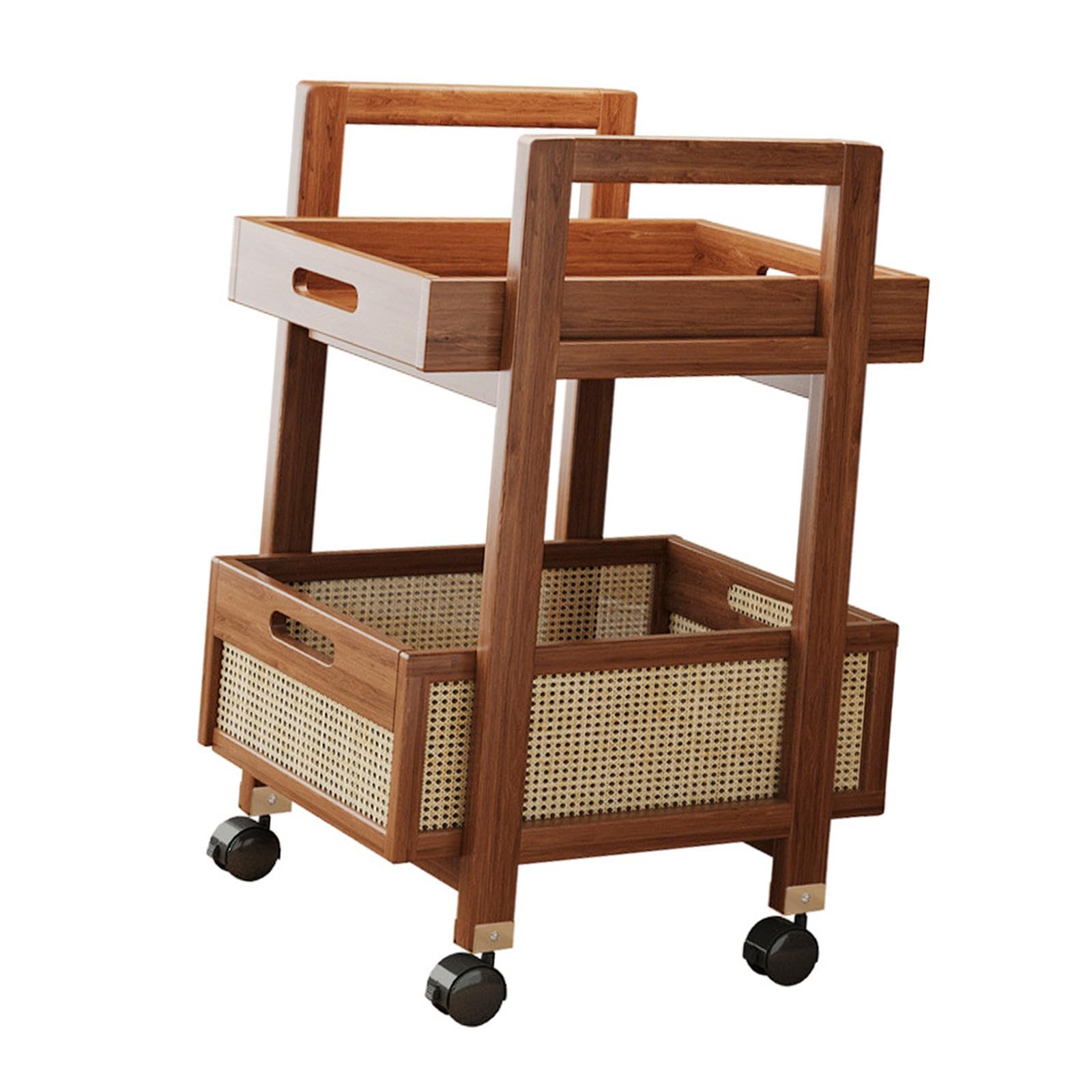 Carrello mobile da tè con design a 2 ripiani, per casa e dormitorio, carrello multiuso in bambù e MDF, con ruote e ruote bloccabili