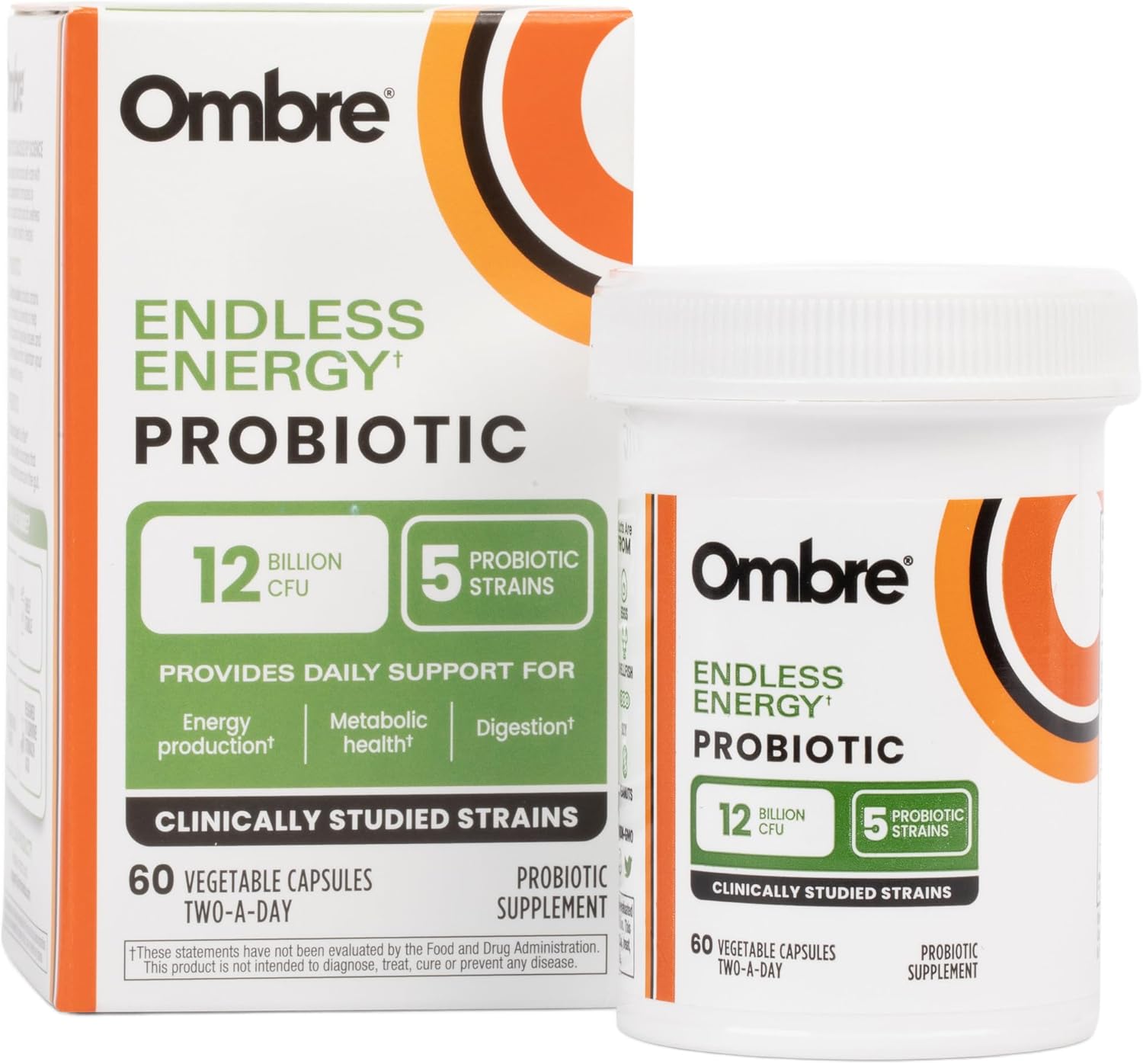 Ombre Endless Energy Probiotic Supplement, Supports Natural Energy Production, Memory, Focus & Gut Health, 12 Billion CFU, Shelf-Stable, 30 Servings