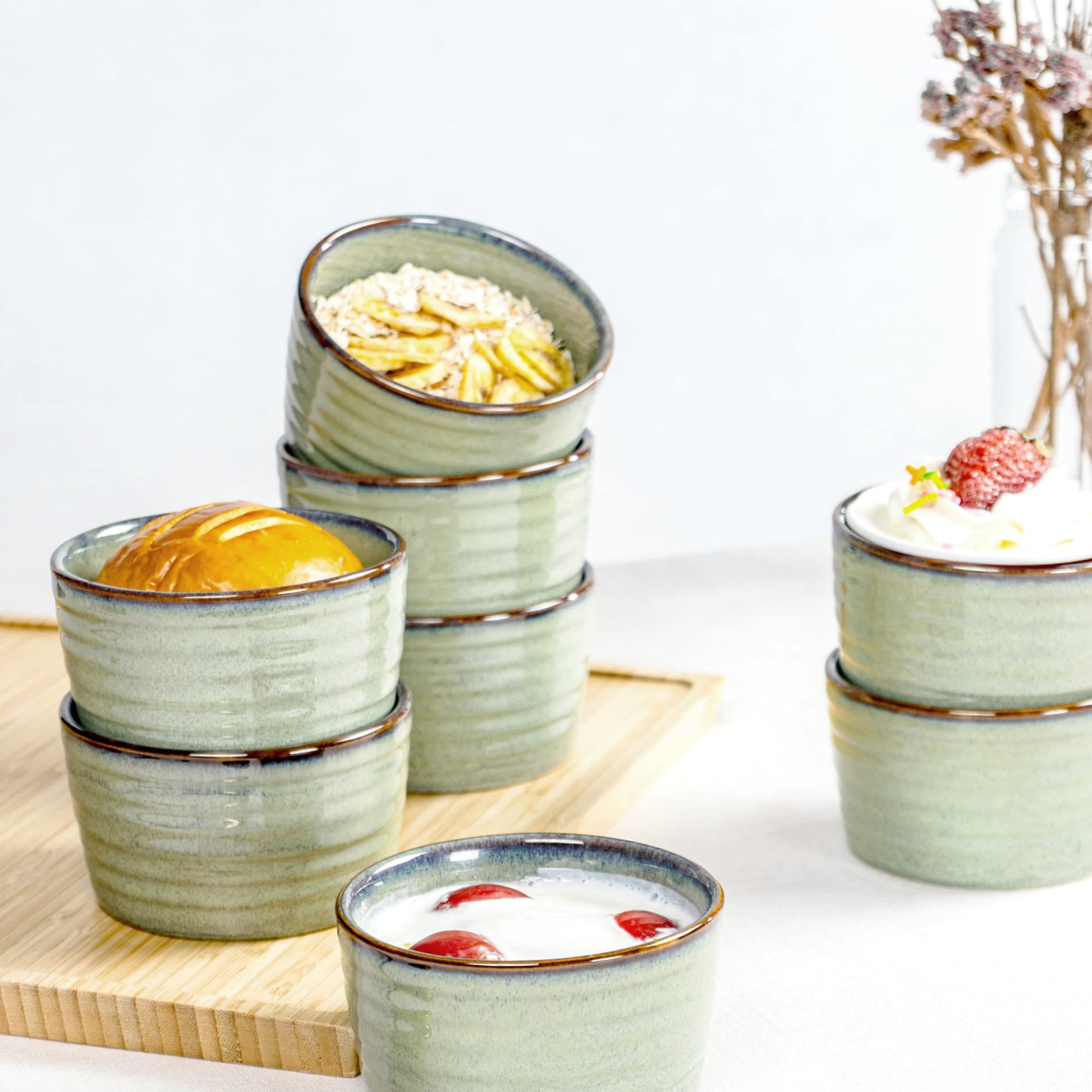Pirottini Ceramica per Soufflé, Pirottini da Soufflé in Porcellana 8 x 240ml per Muffin, Cupcake e Budini - Glassa di Reazione, Verde