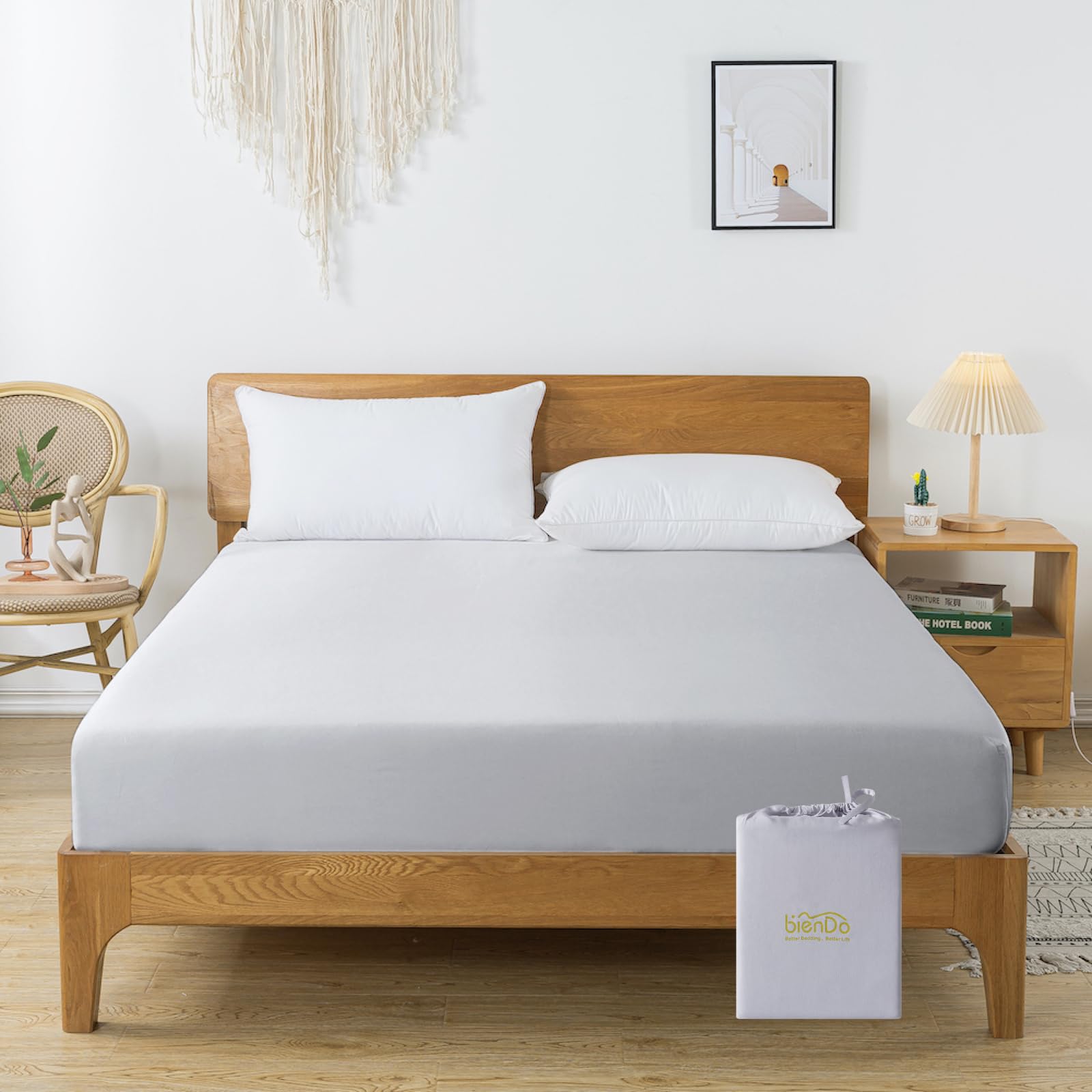 bienDo Spannbettlaken 100x200 cm Boxspringbett, Seiden Spannleintuch, Bambus Seide, Hellgrau, Allergiker, 35CM Tiefe Tasche, Bettwäsche Weich, Kühlung und Atmungsaktiv