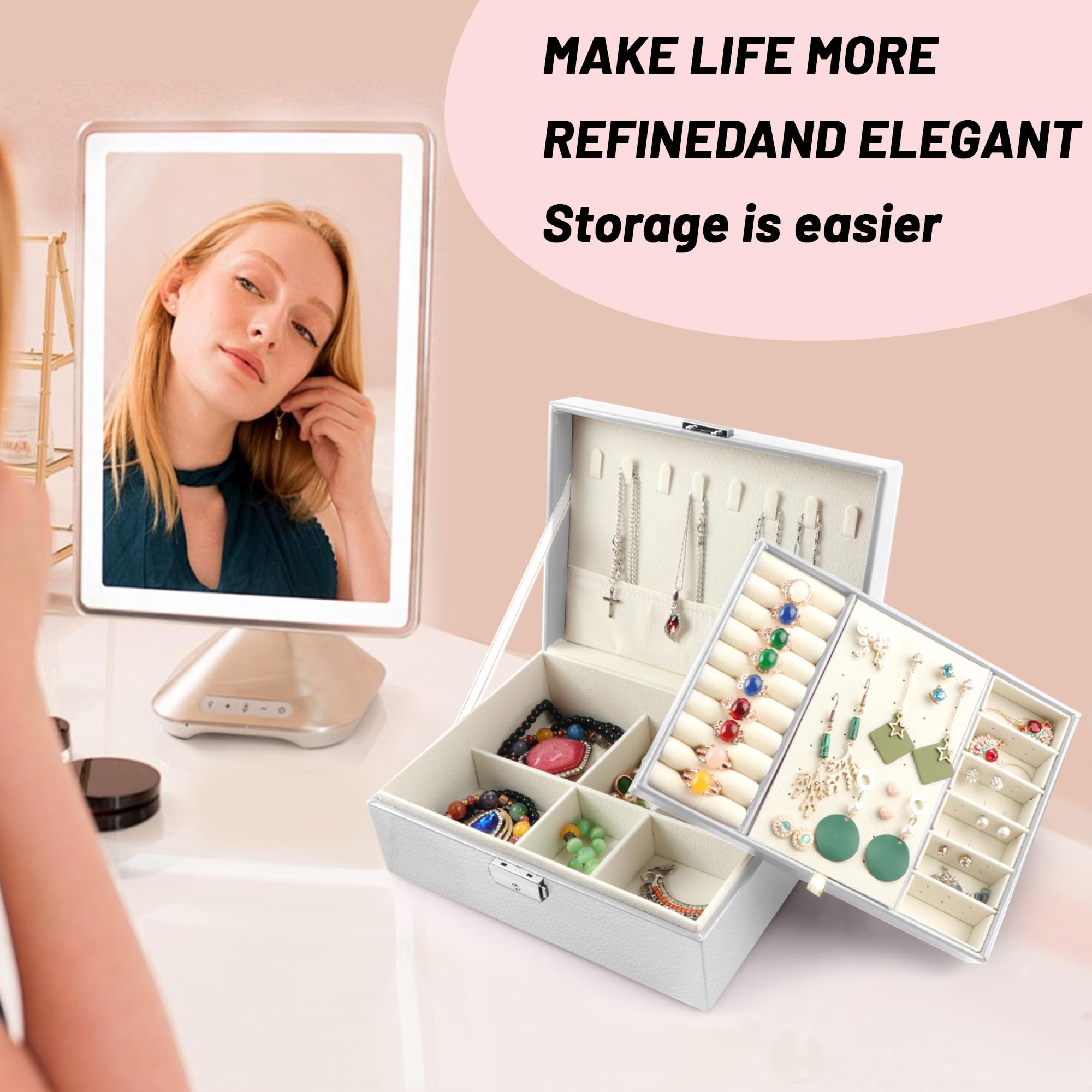 Portagioie In Pelle A 2 Strati Con Serratura - Organizer Per Donne E Ragazze, Bianco - Foto 10