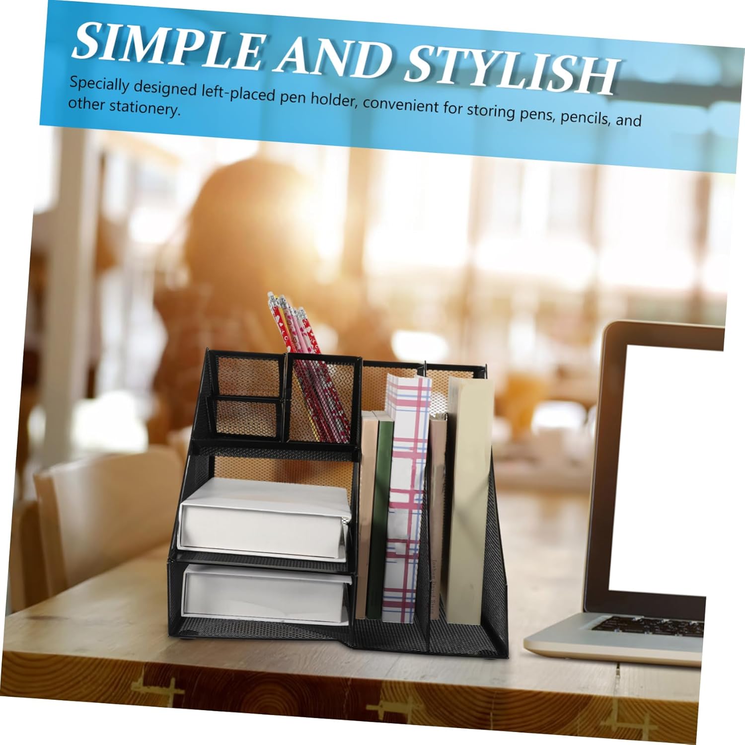 Metal Mesh File Organizer Left Pen Holder Desktop Storage Rack for Office Supplies Sturdy Iron Document Holder Vertical Compartments for Use