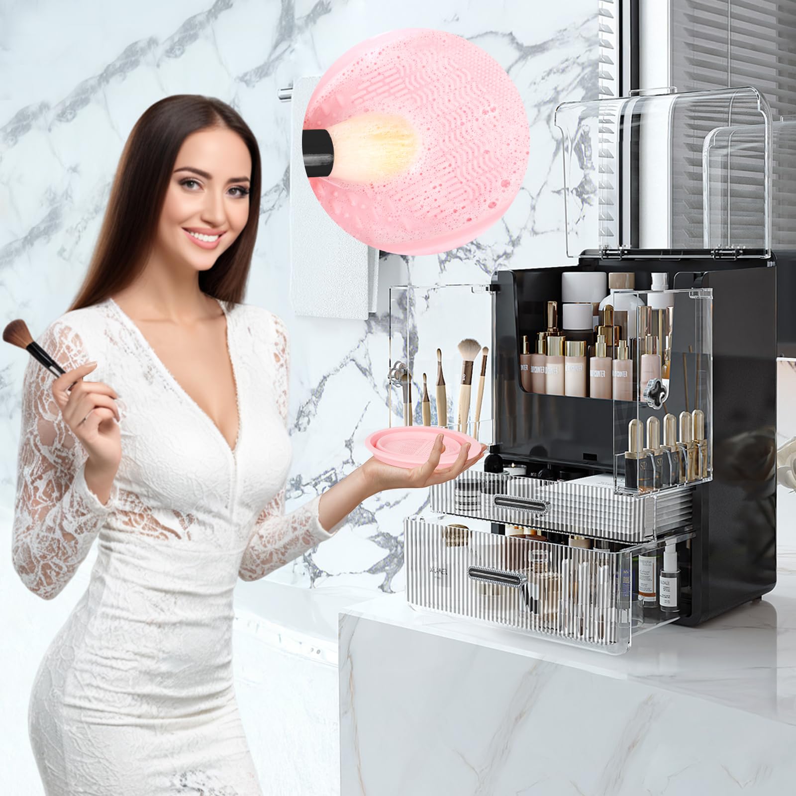 Make Up Organizer Kosmetik Aufbewahrung mit Deckel Schubladen Dustproof Cosmetic Schmink Organizer Beauty Box Hohe Groß Kapazität für Schlafzimmer Badezimmer Schminktisch Schwarz1