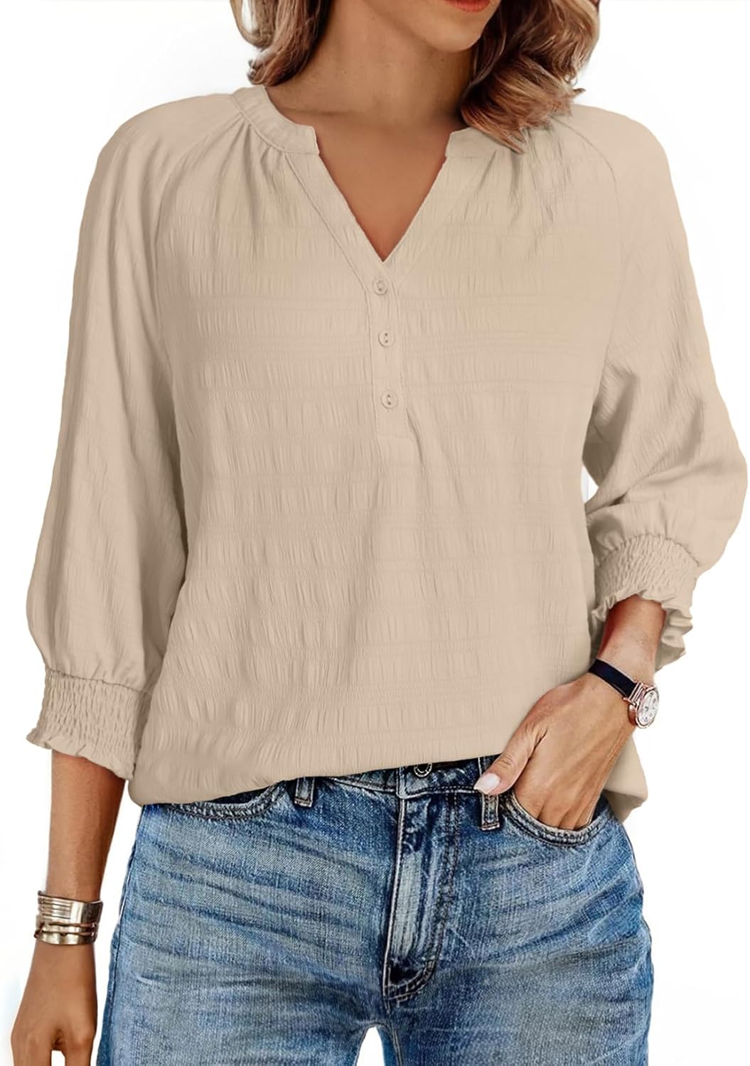 Dokotoo Womens Summer Tops Half Lantern Sleeve Blouses Casual V-Neck Textured Button Down Shirts Dokotoo Womens Summer Tops Half Lantern Sleeve Blouses Casual V-Neck Textured Button Down Shirts