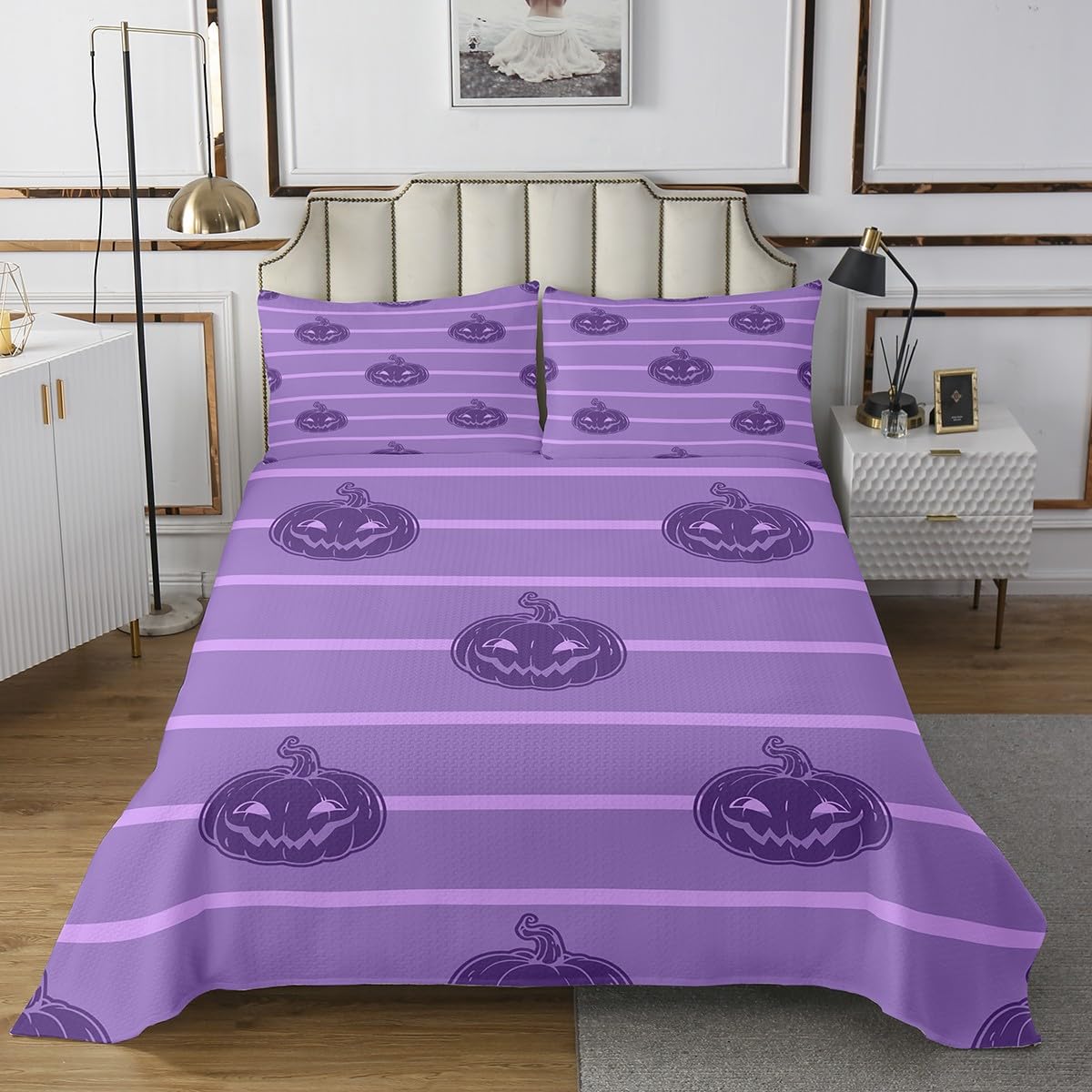 jejeloiu Halloween Theme Bedspread Queen Size Kids Cute Lovely Pumpkin Coverlet Set for Boys Girls Cartoon Kawaii Geometric Stripe Quilted Coverlet Room Decor