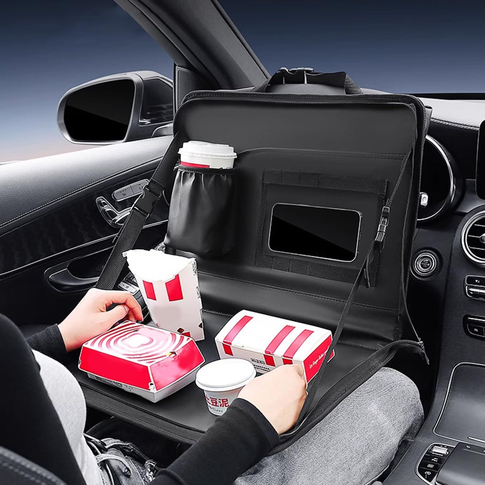 Bandeja plegable para alimentos para automóvil con superficies antideslizantes, bandeja de gran capacidad para viajes familiares y actividades al aire libre, accesorios de viaje para