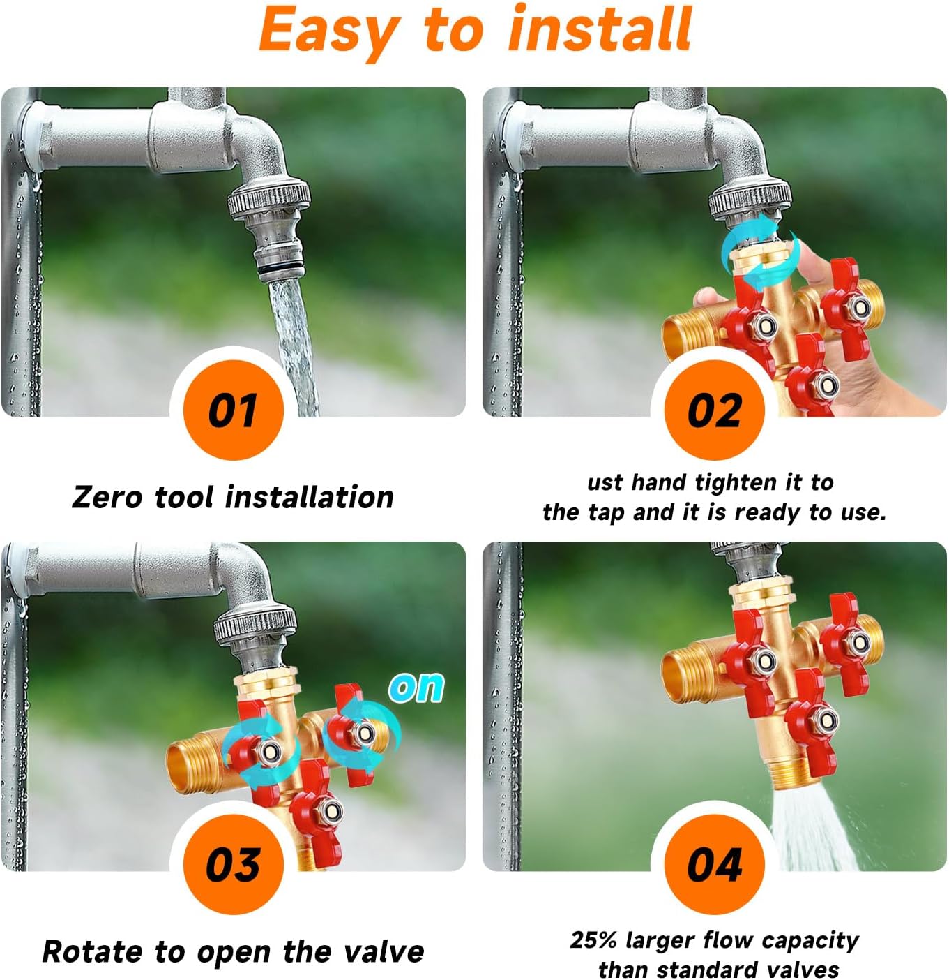 3 Way Hose Splitter Garden Shut Off Valve Solid Brass High Volume Connector Brass Water With Metal Handle Heavy Duty Flow Spigot Splitter Shut Valve, 3/4 Inch Garden Tap Splitter