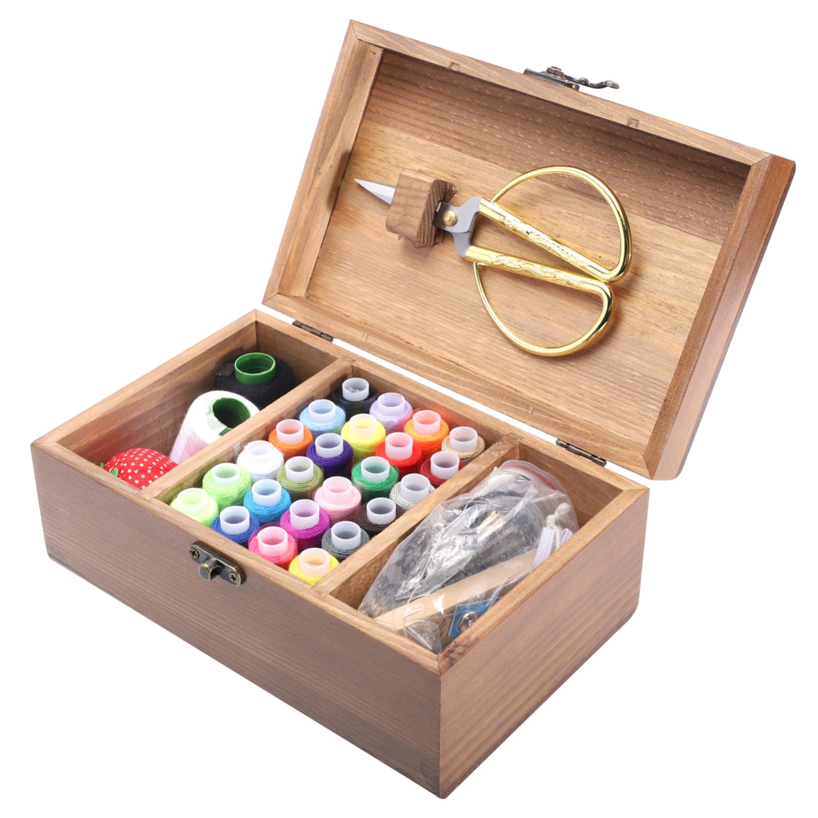 Kit de Costura Completo de Madera Retro Gran Capacidad, Caja de Almacenamiento Ecológica para Diy, Incluye Agujas, Hilos Variados y Tijeras, Adecuado Hogar