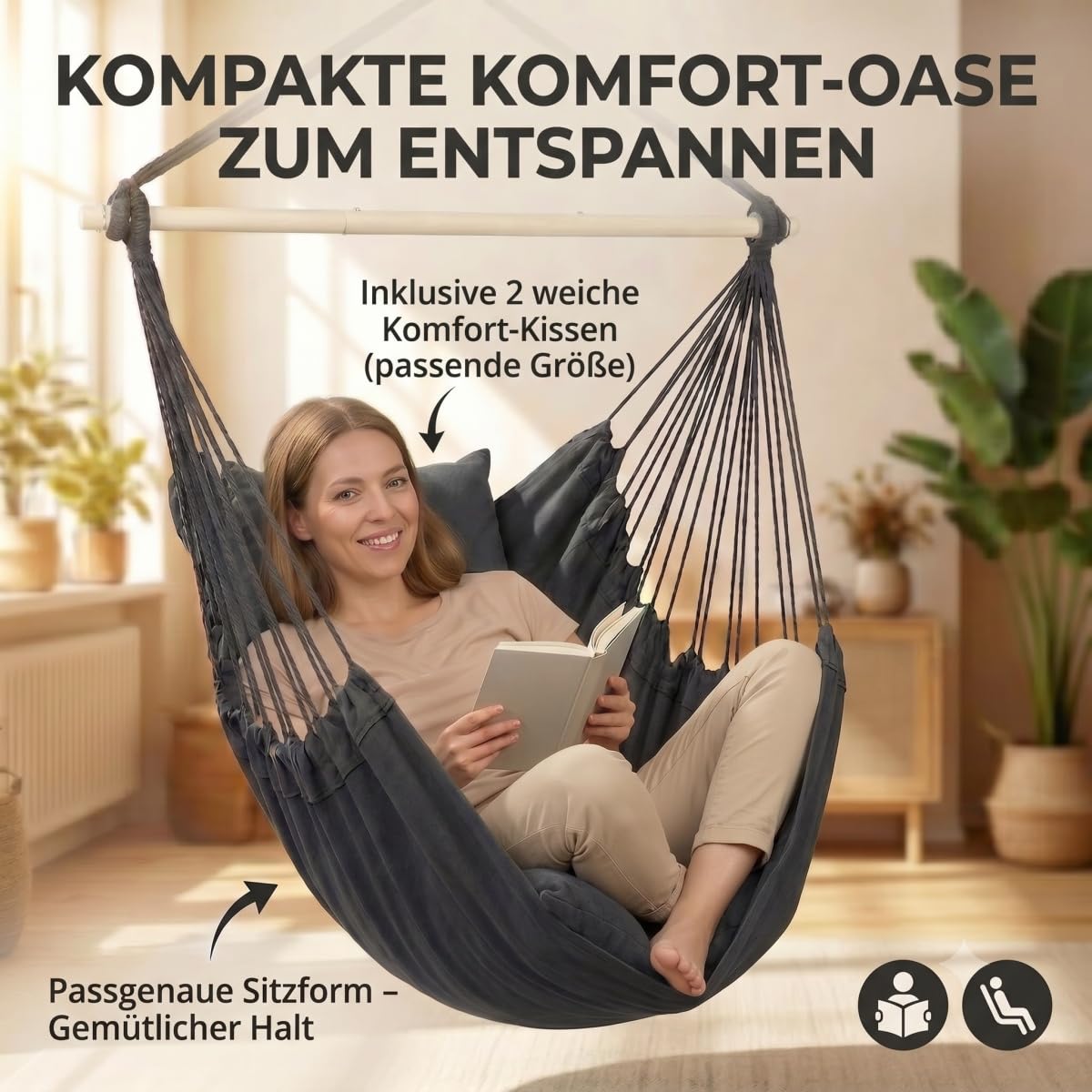 Fauteuil suspendu d'extérieur complet avec 2 coussins et accessoires de montage, fauteuil suspendu extérieur pour balcon, jardin et intérieur, confortable pour lire et se détendre GROWZELT