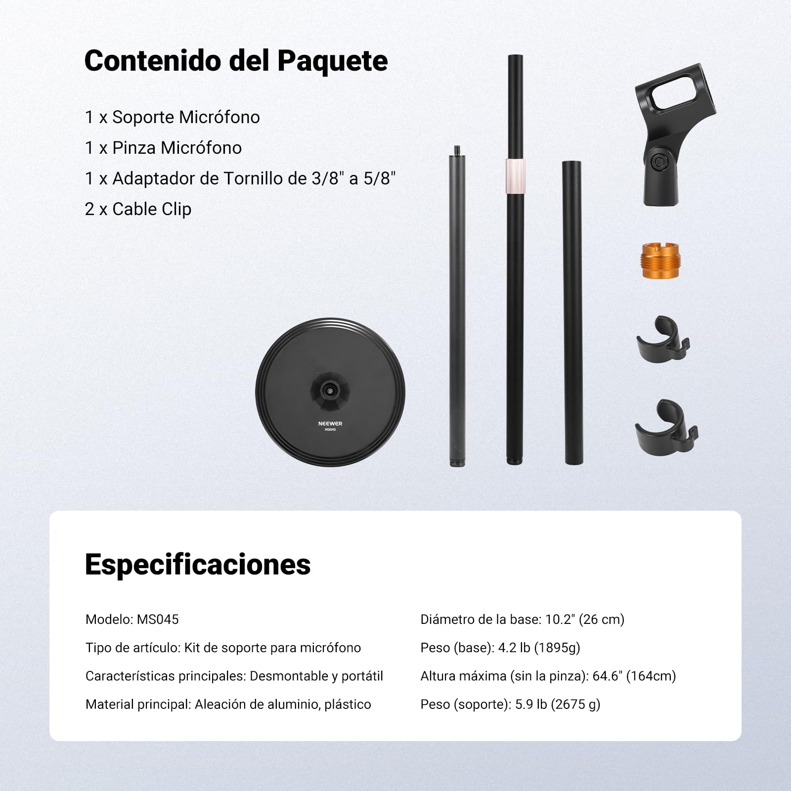 NEEWER Soporte de piso para micrófono, soporte de abrazadera de micrófono desmontable ajustable de 3 secciones con base pesada, compatible con Blue Yeti HyperX QuadCast Shure SM58 Samson Q2U Fifine