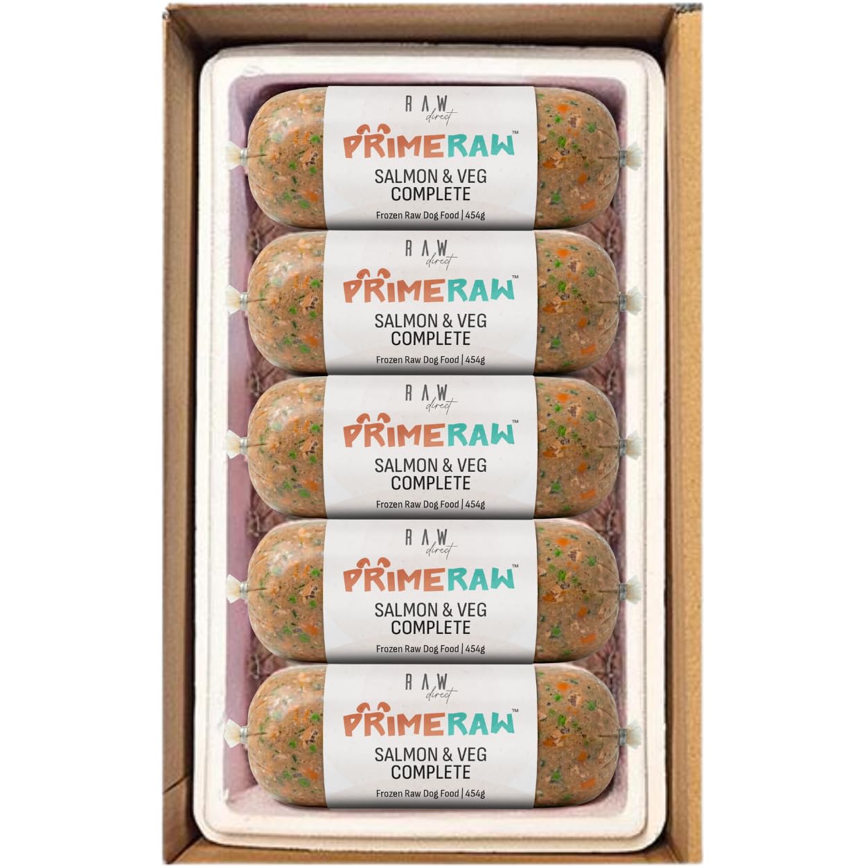 RAW DIRECT Prime Frozen BARF Dog Food – 454g Rolls | 20 or 30 Rolls Pack | Premium Natural Barf Diet | High-Protein, Grain-Free & Nutrient-Rich (10, Salmon & Veg Complete)