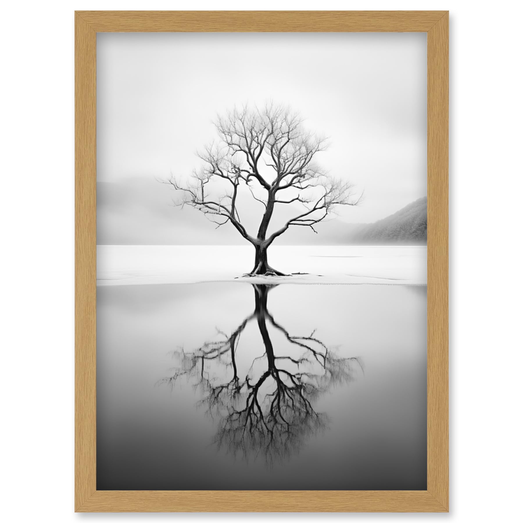 Artery8 Lone Tree by Frozen Lake Winter Landscape Black and White Photograph Artwork Framed Wall Art Print A4